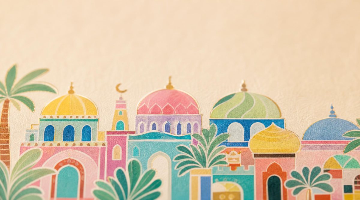 Macaron-toned architectural scene establishing the Ramadan countdown concept.