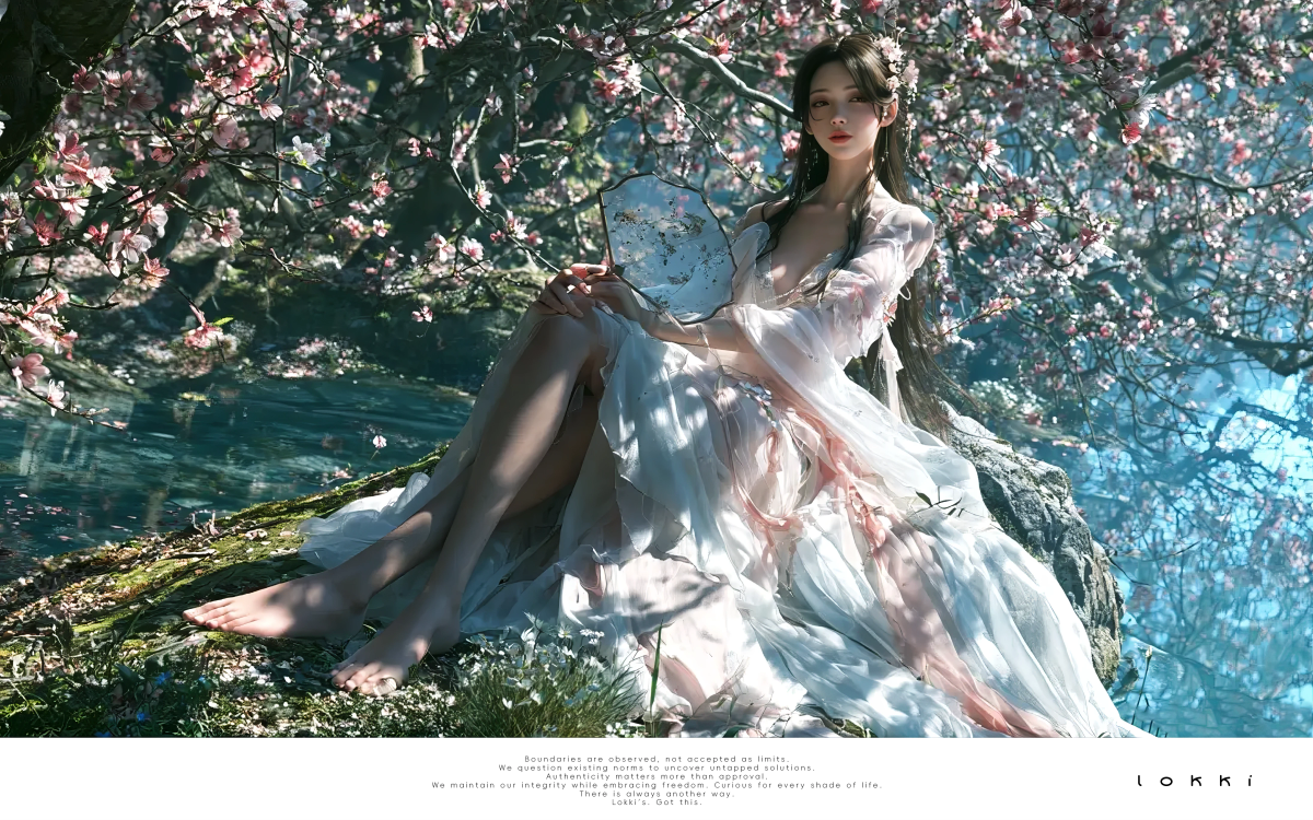 Wide illustration of a woman in white seated on a mossy bank under flowering peach branches, holding a round painted fan.