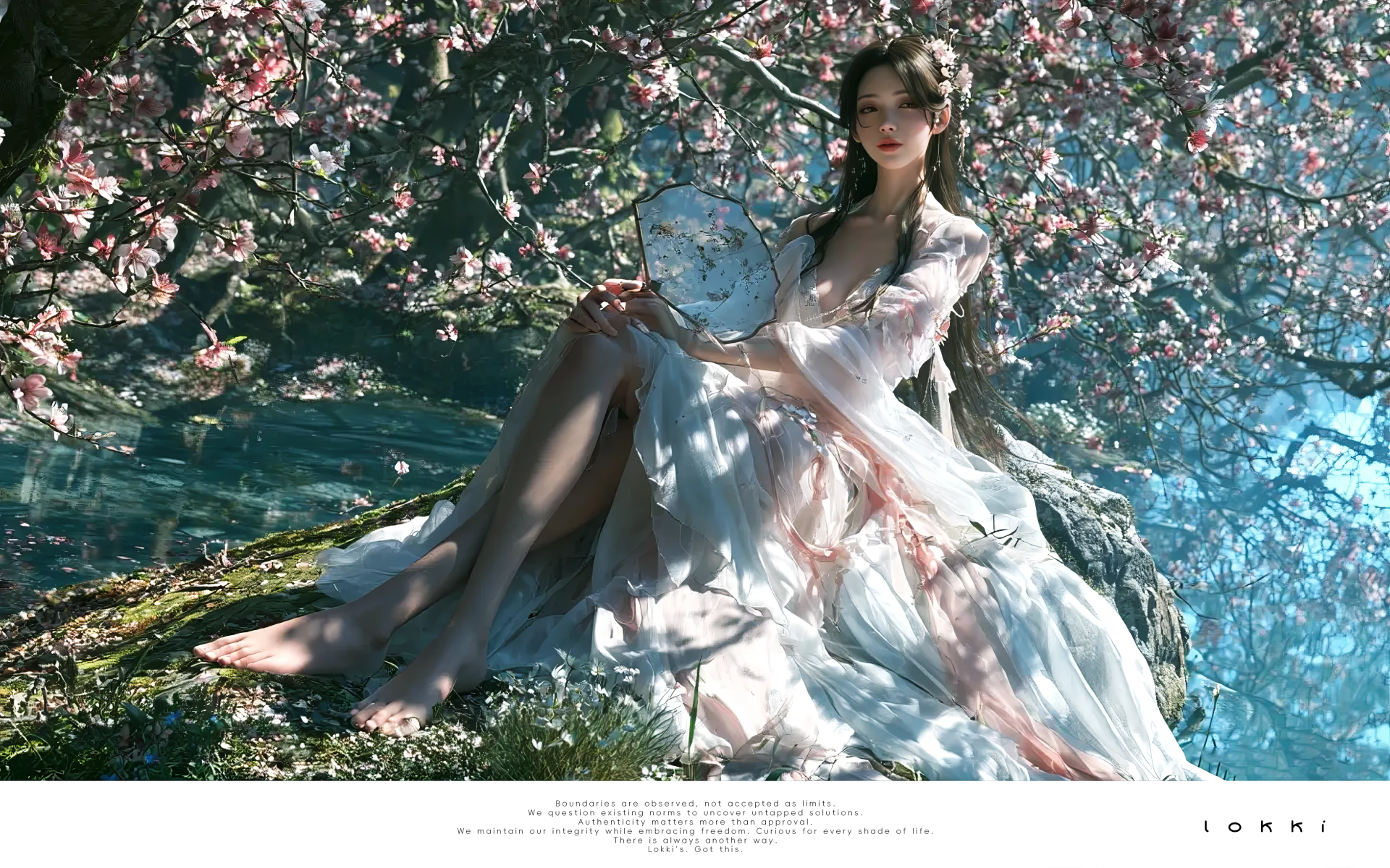 Ancient lady seated under blooming peach blossom tree, holding round silk fan, pink‑white sheer hanfu, falling petals beside brook