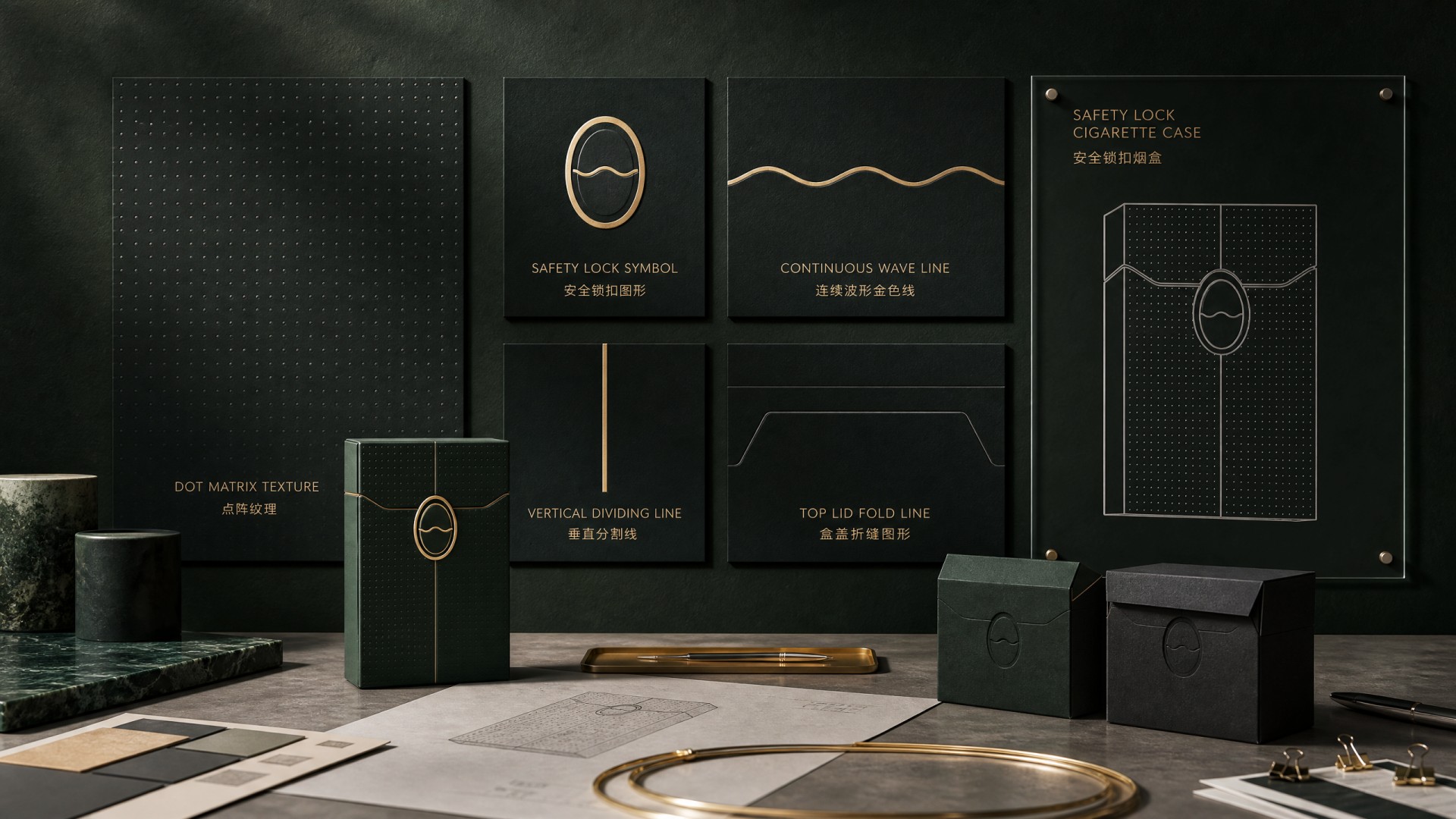 Design breakdown board showing texture, lock symbol, wave line, dividing line and folding graphic of packaging system