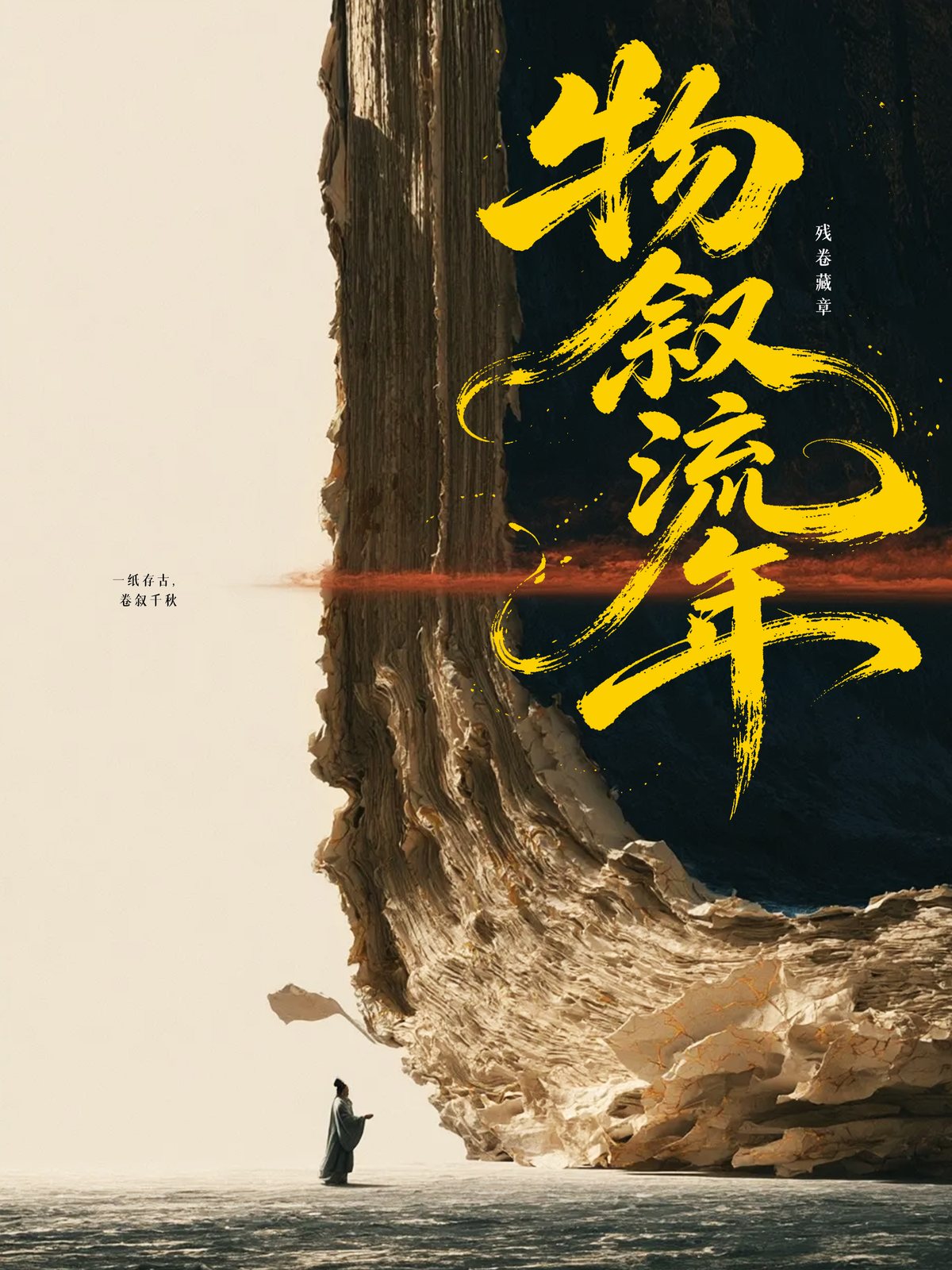 Giant torn scroll standing like a cliff, a robed figure with a flag before it, gold calligraphy.