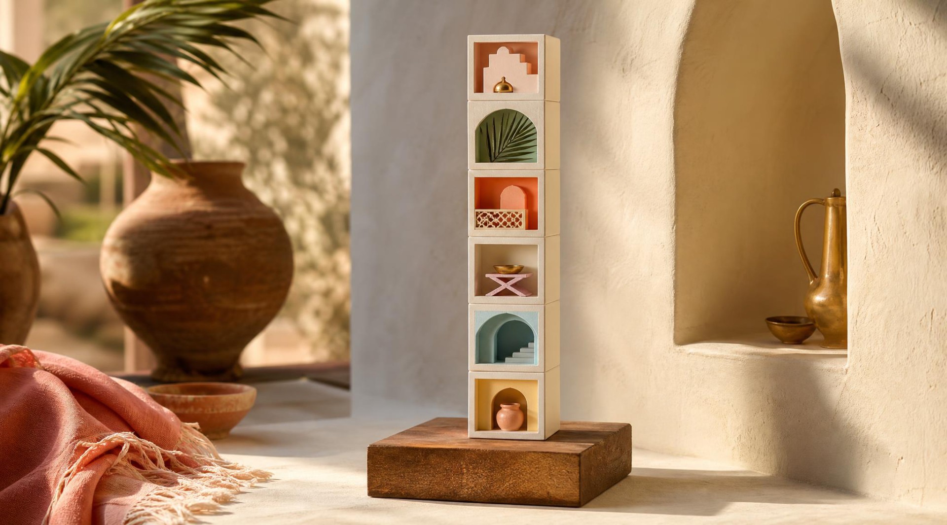 Inner tower insert of multi‑compartment gift box, vertically stacked individual drawers, each niche decorated with unique Middle Eastern miniature scenes in rustic interior