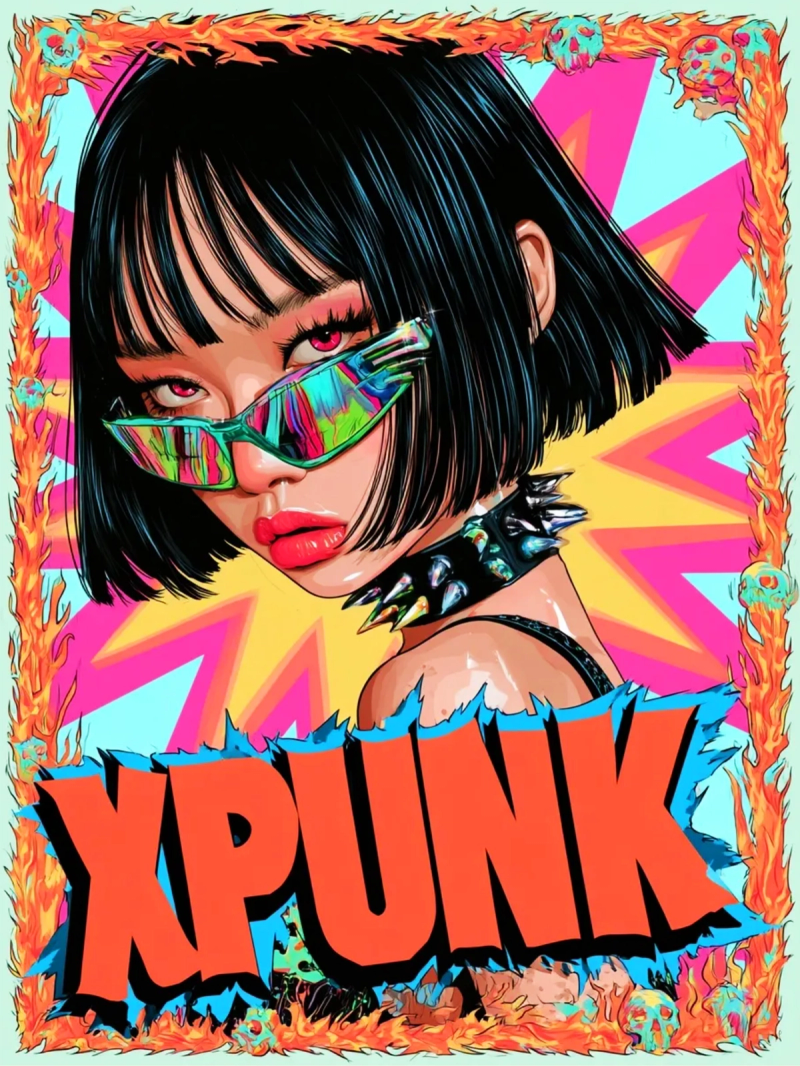 Comic-style portrait of a girl in holographic sunglasses and a spiked collar, inside a flaming frame with a pink and cyan sunburst.