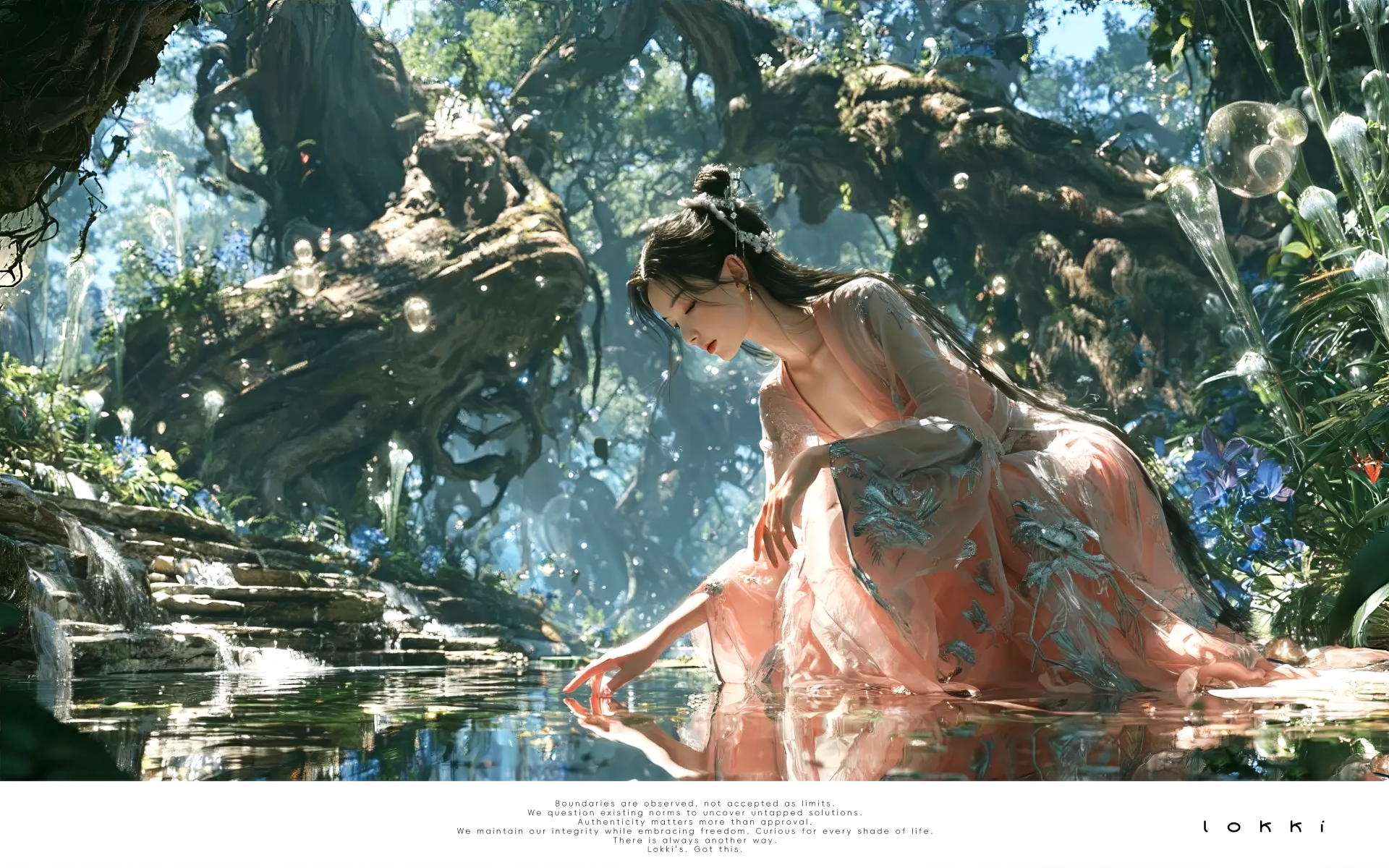 White‑robed ancient lady sitting on stream rock, fingertips touching running water, autumn woodland, oriental 3D illustration