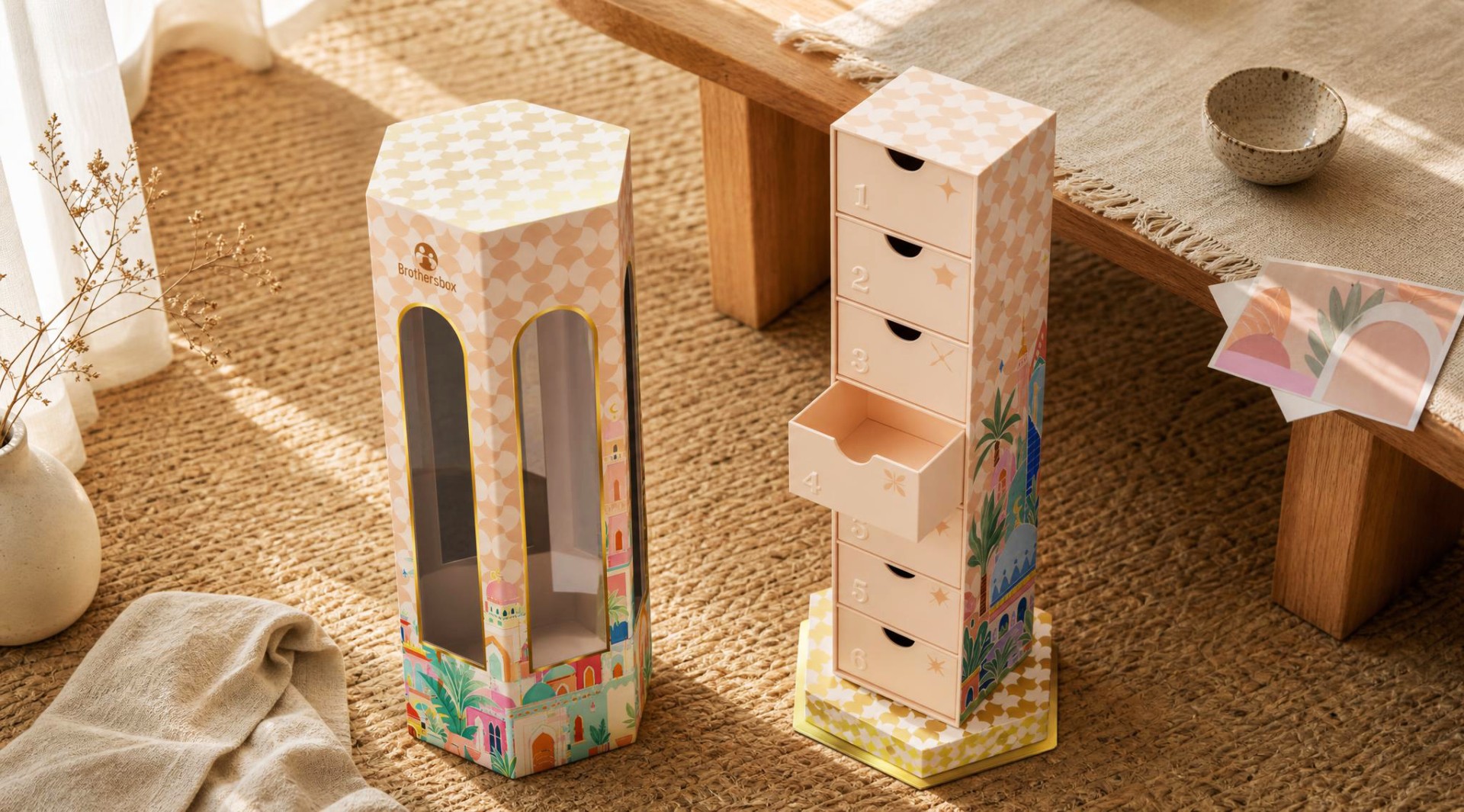 Open Ramadan tower box revealing individual drawers ready for daily gifting