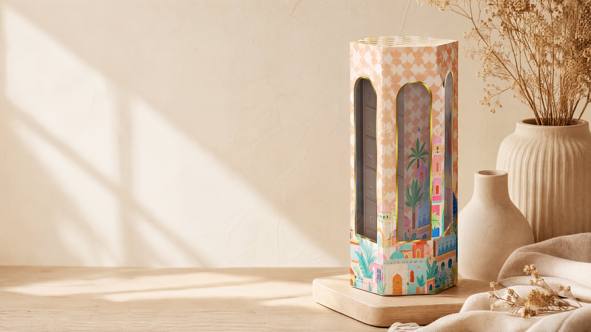 Ramadan countdown gift box set, hexagonal sleeve and multi-drawer core side by side on a wooden cabinet in daylight.