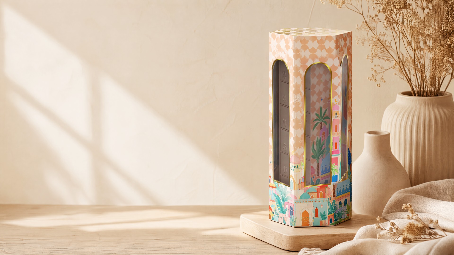 Ramadan tower countdown gift box for Middle East market, hexagonal outer case next to stacked drawer insert with one drawer open, displayed on wooden cabinet, interior render under natural light