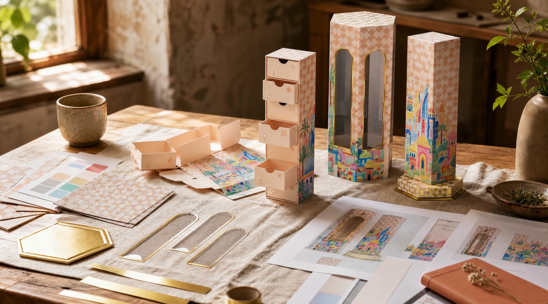 Heavy paperboard and die-cut details prepared for production