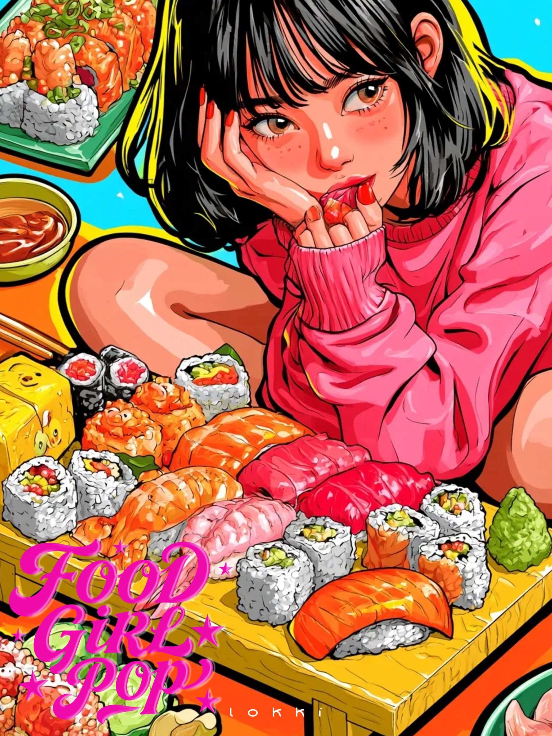 Pop-art illustration of a girl in a pink sweater resting her chin on her hand behind a large wooden board of sushi and sashimi.