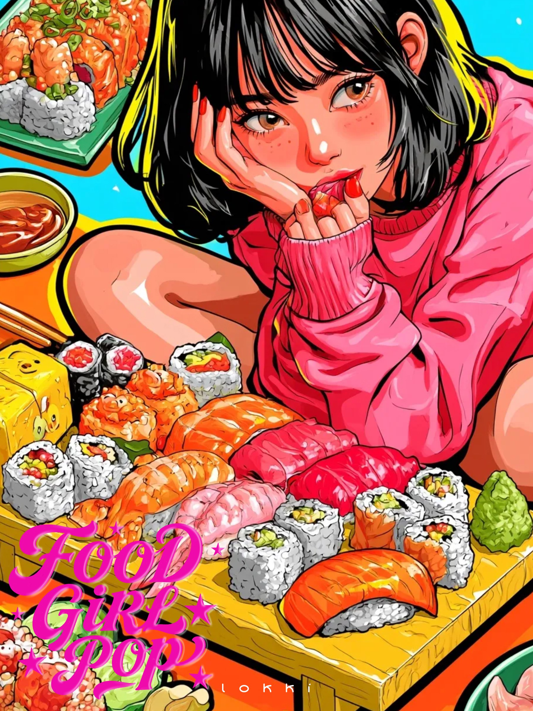 Pop‑art illustration of girl surrounded by fresh sashimi and sushi