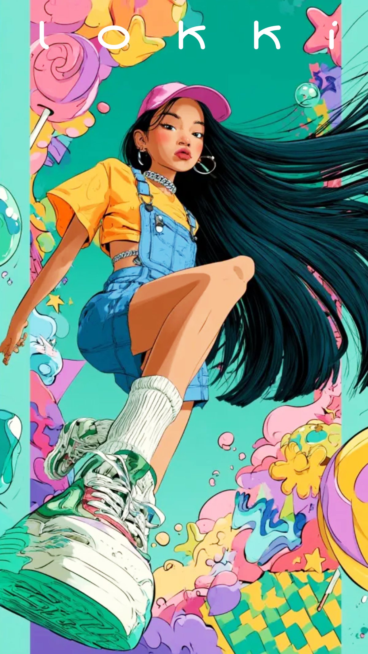 Y2K-style illustration of a girl in a pink cap, yellow tee and denim overalls, one sneaker thrust toward the camera in extreme low angle.
