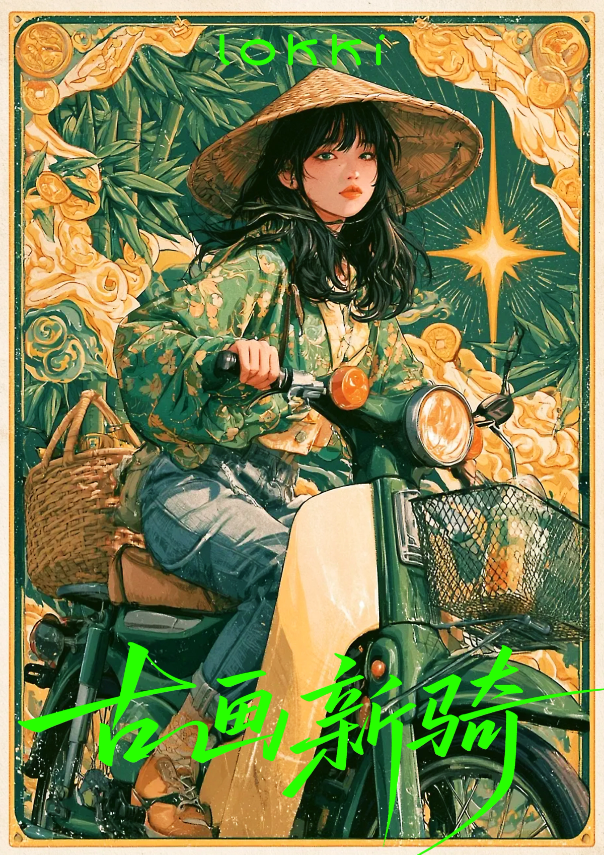 Poster illustration of a rider in a conical straw hat and green floral jacket on a dark green vintage scooter, framed by a gold cloud border.