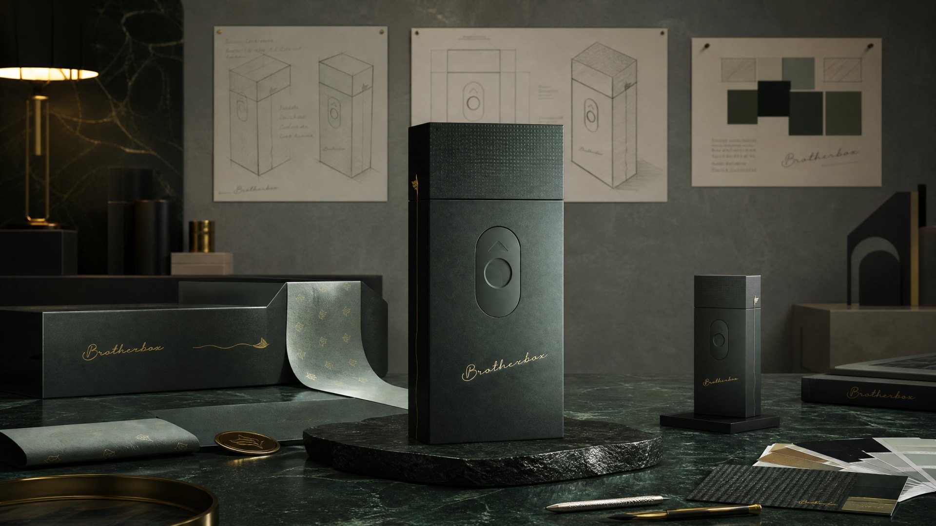 Matte black cigarette case, its outer carton and printed collateral arranged on a dark marble surface in soft daylight.