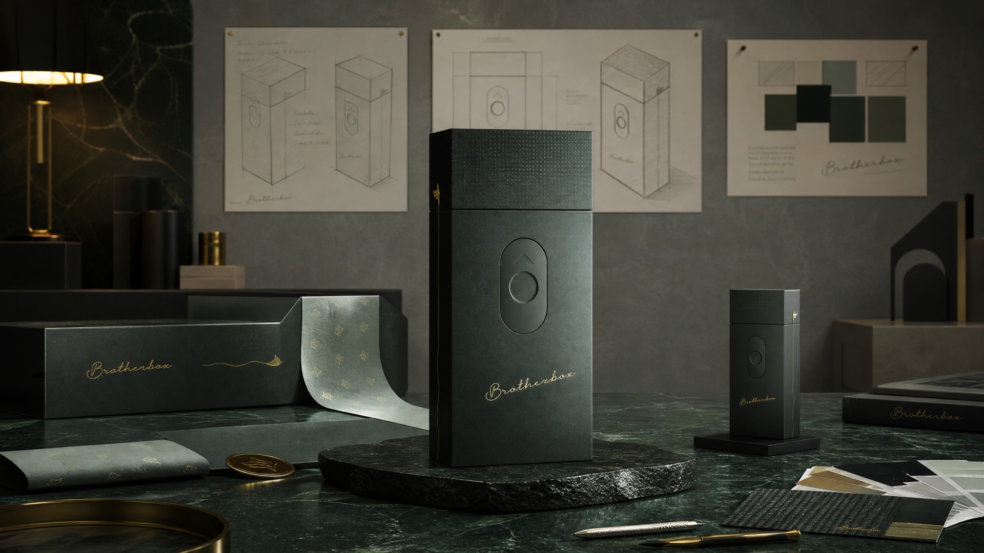 Luxury tobacco packaging full scene mock‑up, multiple package variants, sketches and brand stationery on dark marble table