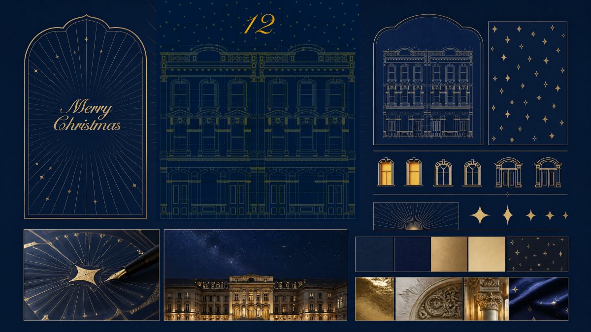 Visual system board for the countdown box combining midnight blue geometry, gold lines and star motifs.