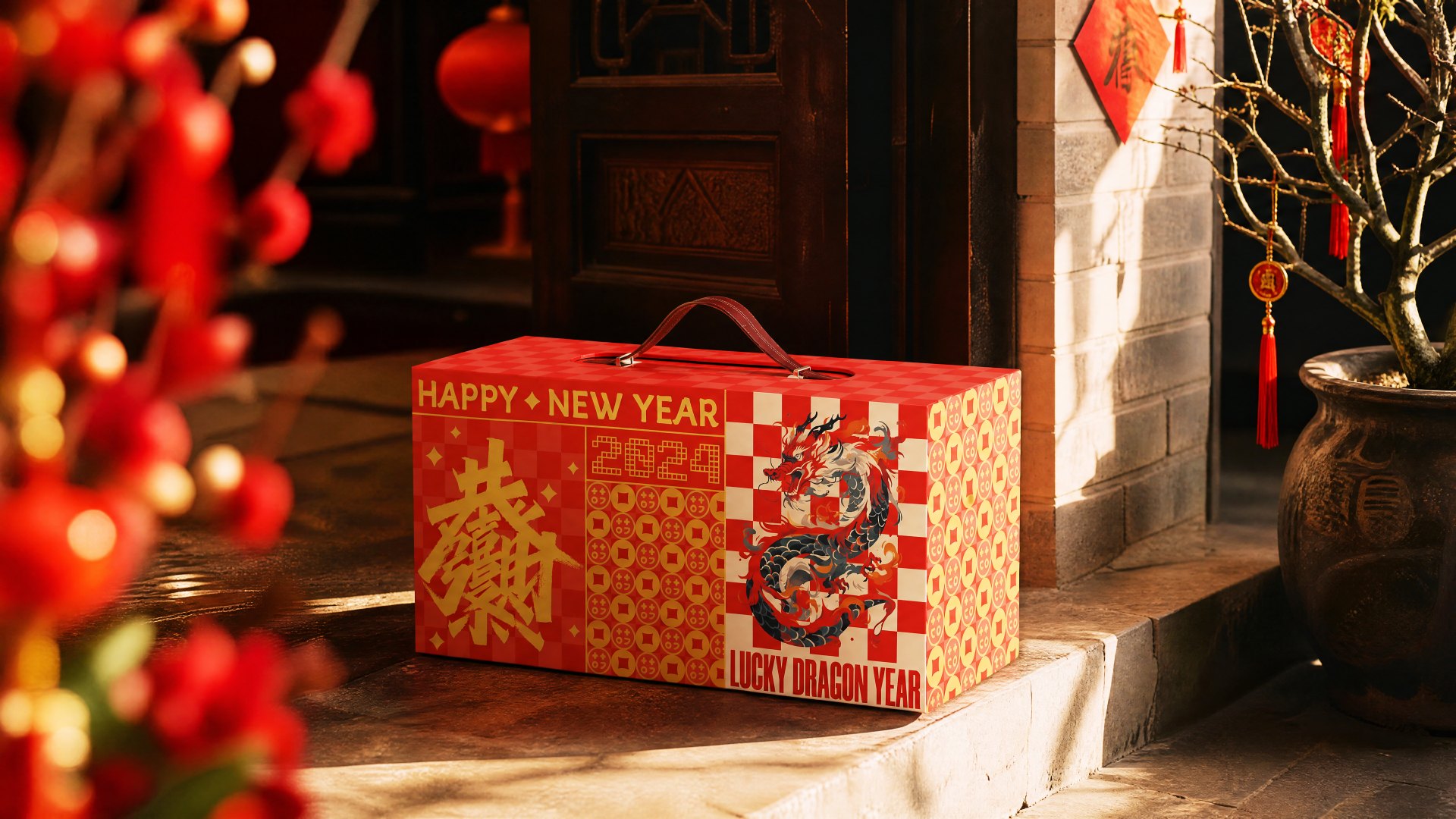 Red suitcase-style Lunar New Year gift case with a blue dragon, checkered grid and dark leather handle.
