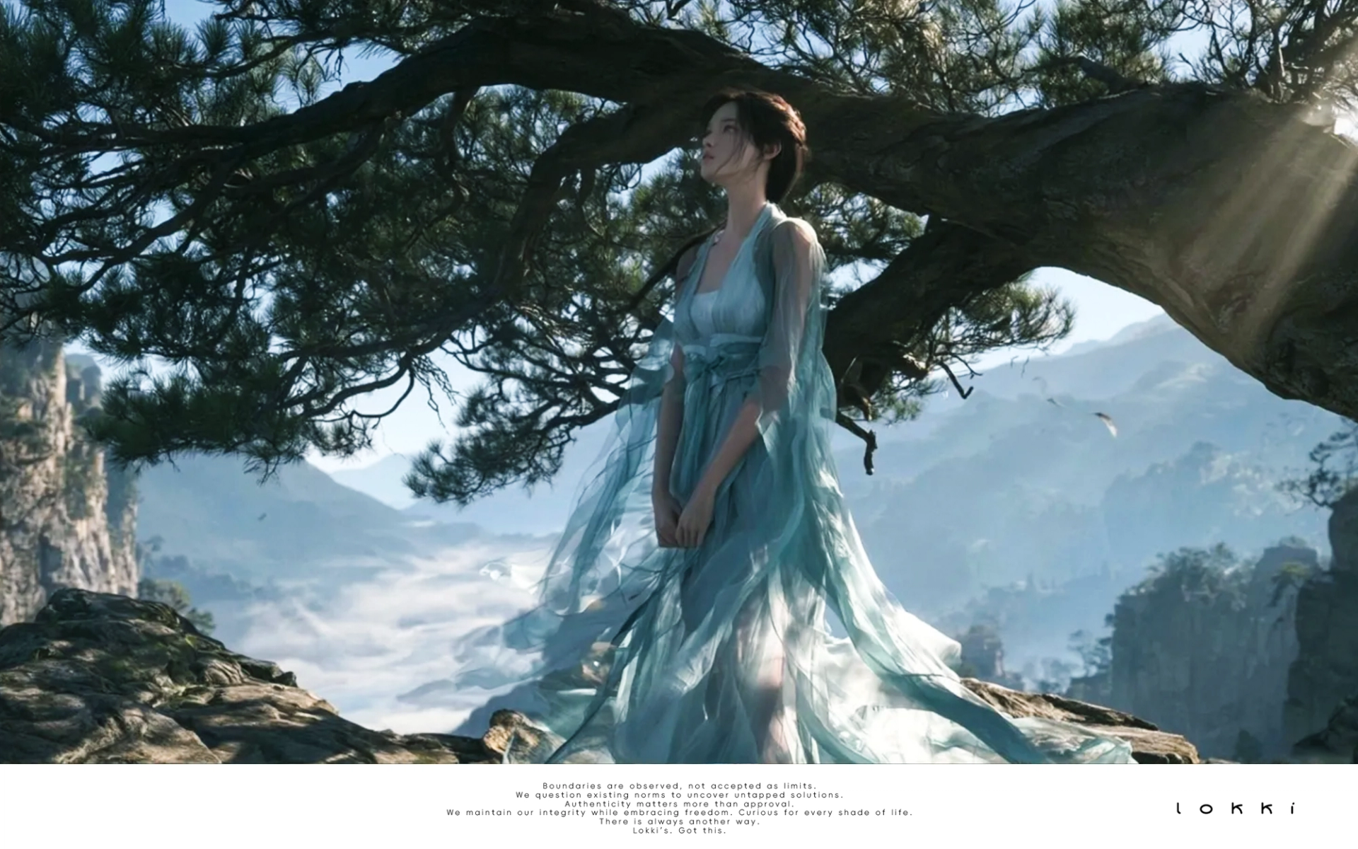 古风女子立于黄山松崖边，浅蓝飘逸汉服，脚下云海群山，宏大山水幻境