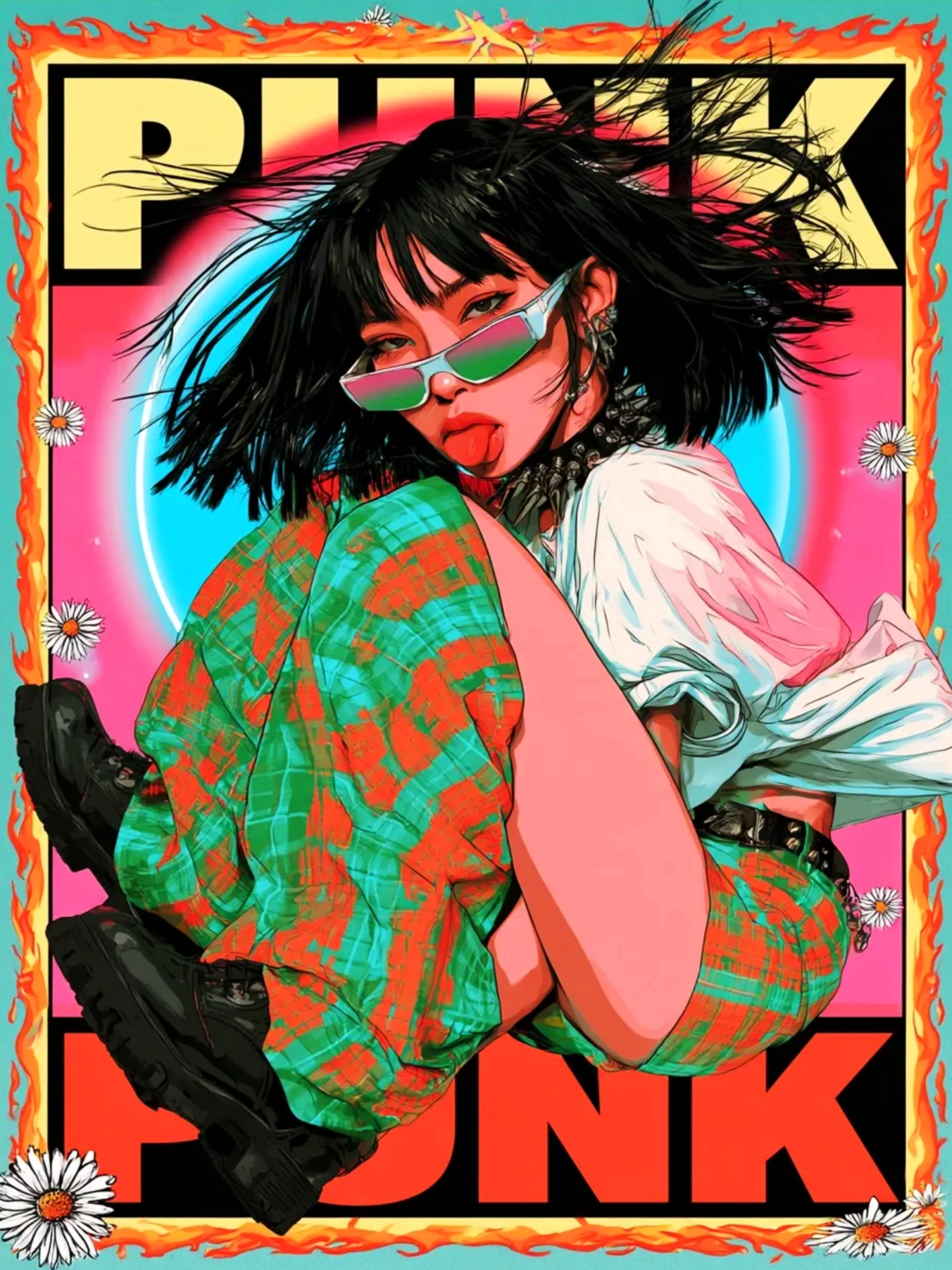 Full-figure comic portrait of a girl sitting with knees up, in green and red plaid trousers and black boots, against a pink and cyan burst.
