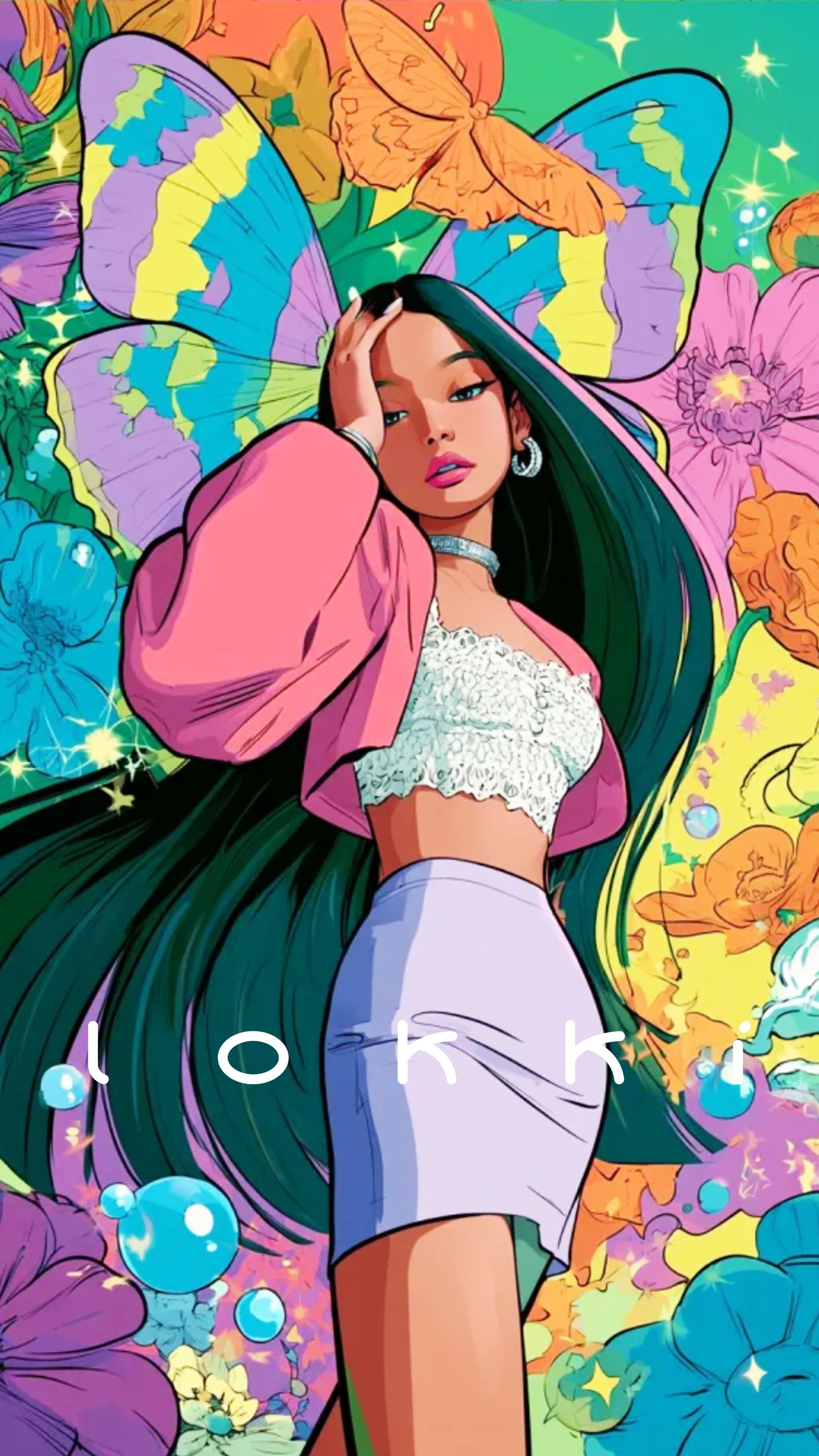 Y2K illustration of a girl in a pink puff-sleeve jacket and lilac skirt, framed by oversized butterfly wings, flowers and bubbles.