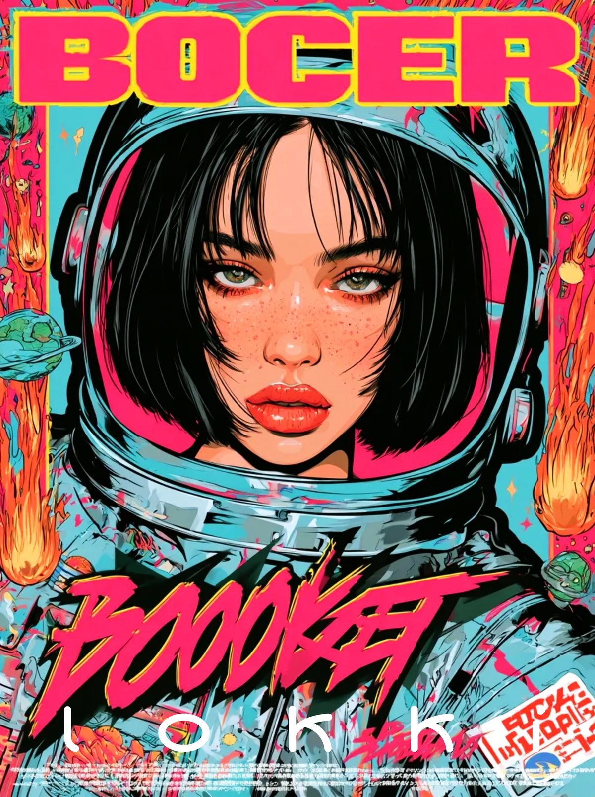 Retro comic cover illustration of a girl in an astronaut helmet surrounded by flames, planets and graffiti lettering.