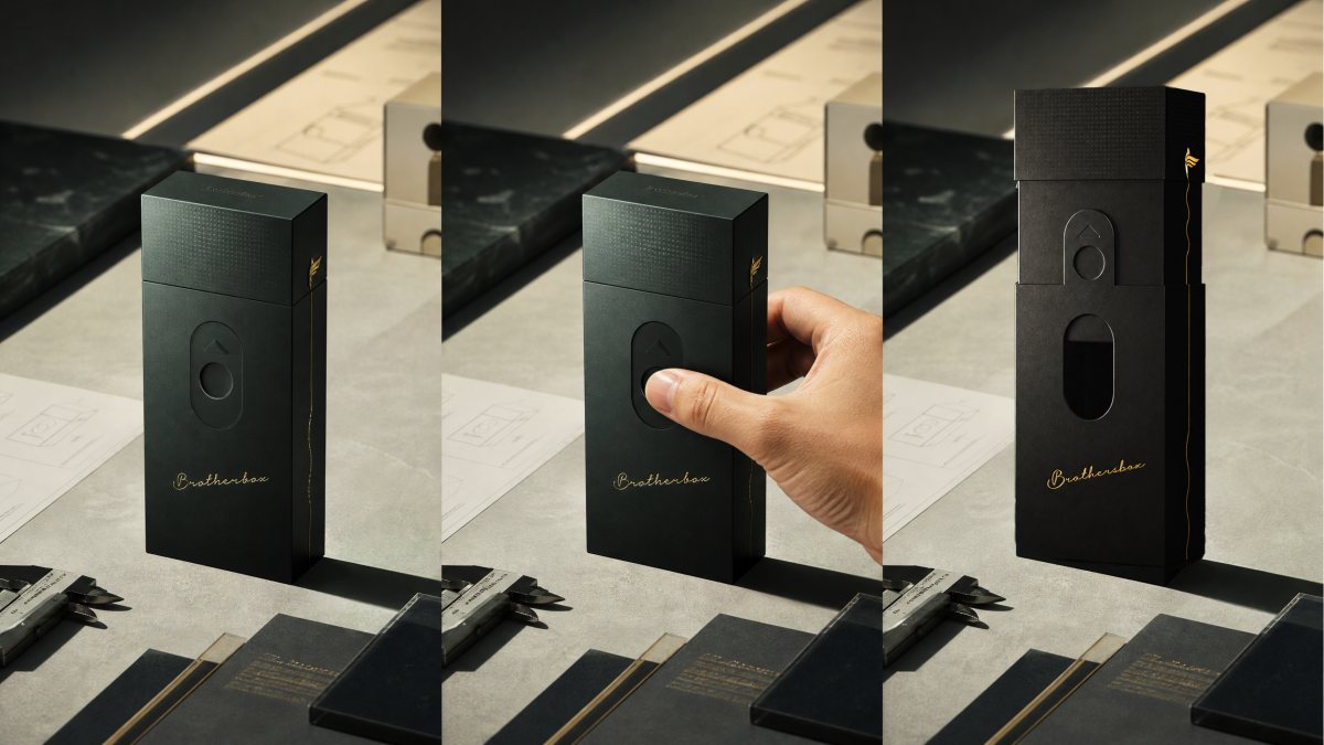 Three-frame sequence showing the drawer being pressed and slid open in one hand.