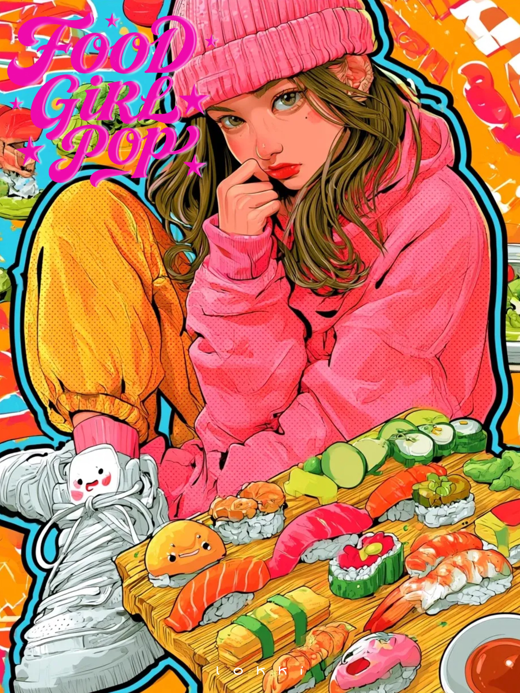 Pop‑art illustration of stylish girl with assorted sushi platter
