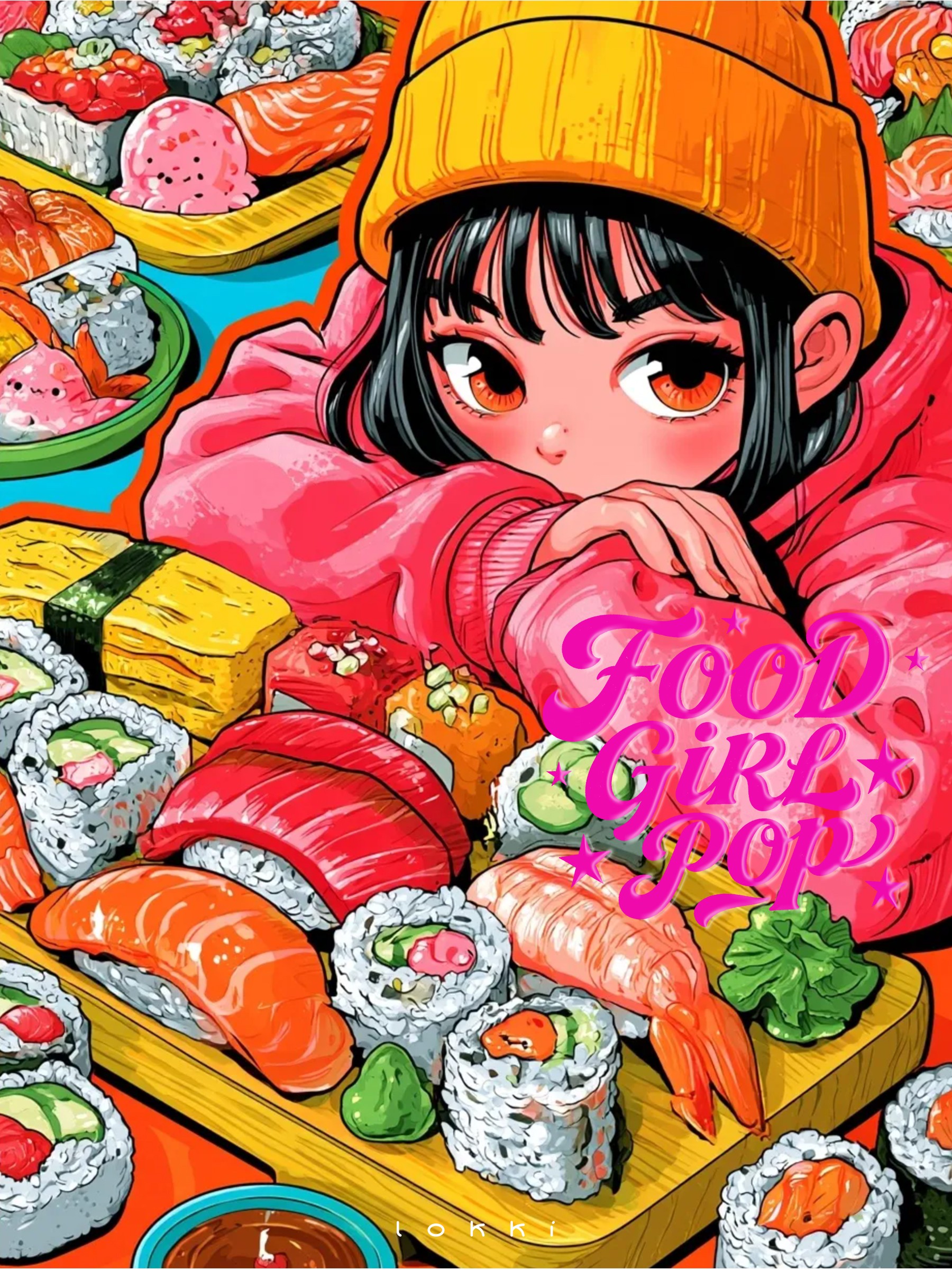 Pop‑art illustration of girl in orange beanie surrounded by generous spread of sushi