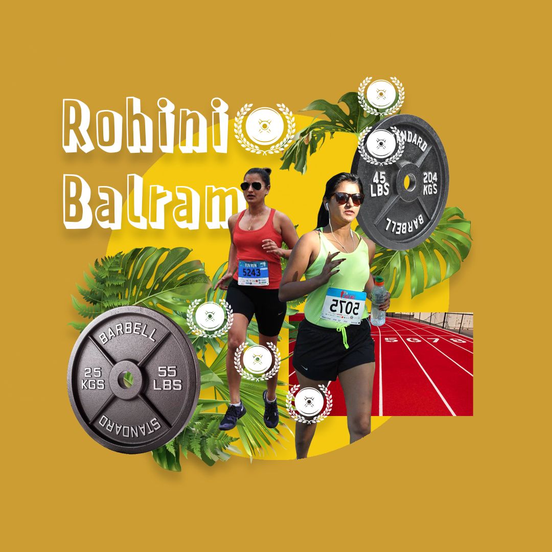 Mustard yellow background. In the middle is an image collage of Rohini. Two full body images of Rohini running with two barbell weights on each side of collage. Graphics of mini weights and plants are surrounding Rohini. Upper left corner text reads: Rohini Balram.