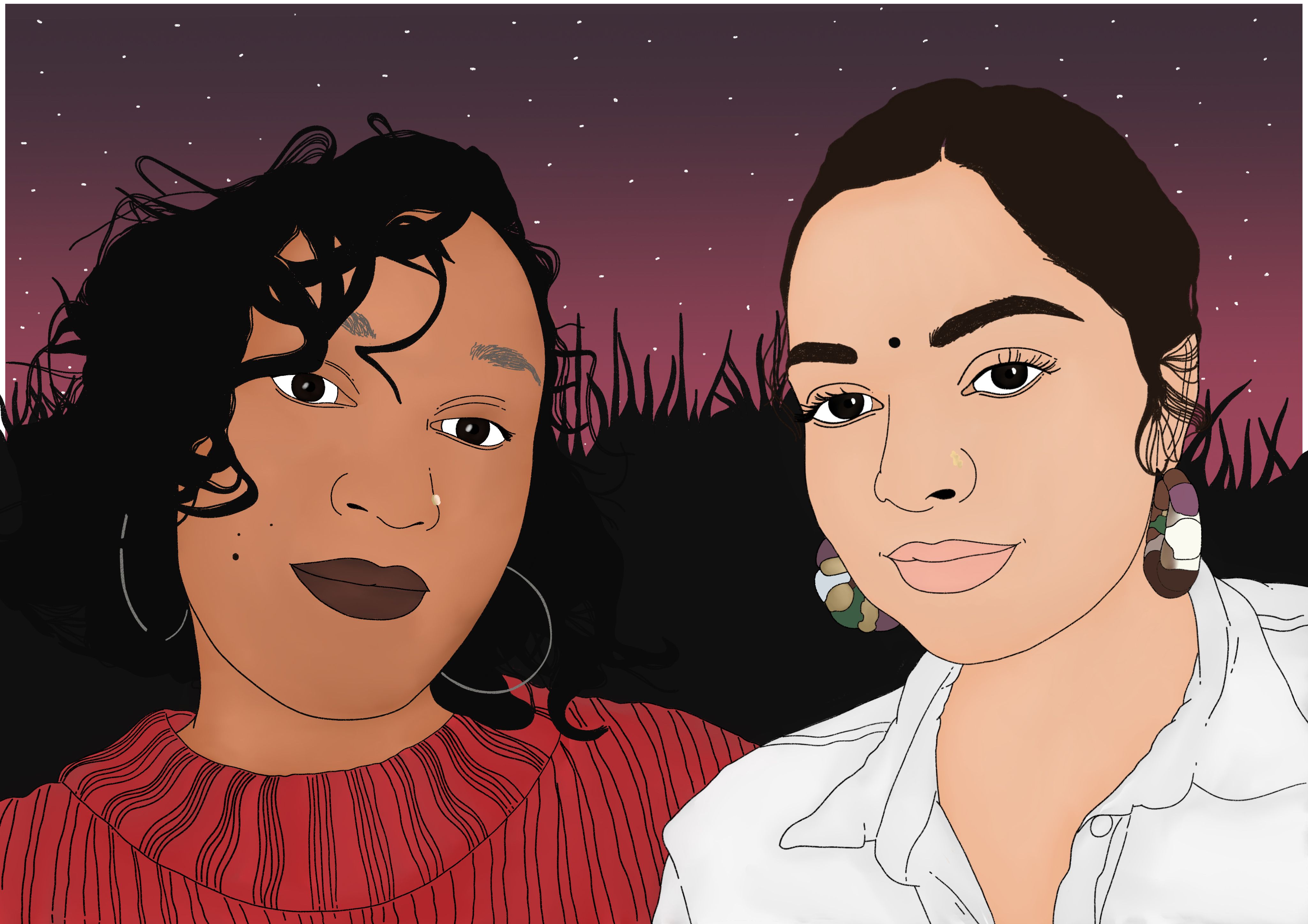 Illustration of Esha Pillay (left) and Quishile Charan (right). Esha is wearing an orange sweater with thin silver hoop earrings. Her hair is let down and curly. Quishile is wearing a white blouse with multi-coloured hoop earrings. Her hair is tied back in a bun. Behind them are sugarcane fields and a black-reddish-purple night sky with bright stars. 