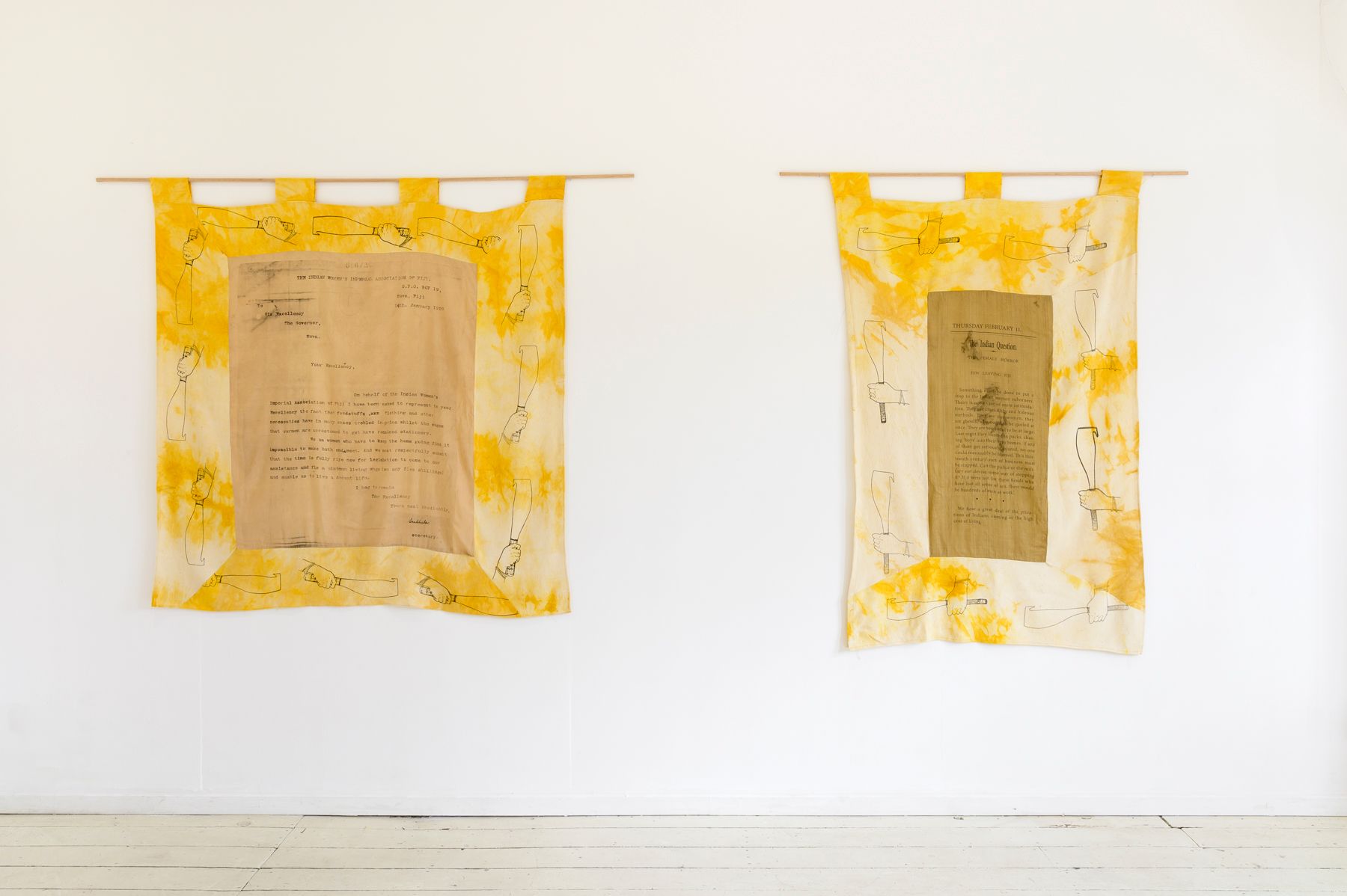 Quishile Charan, Sushila’s Letter, 2019, archival document, cotton, textile ink, natural dye: haldi (turmeric) and kumkum seeds, 136 x 130 cm.