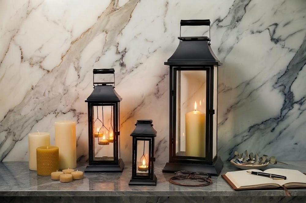 Classic metal lanterns with candles