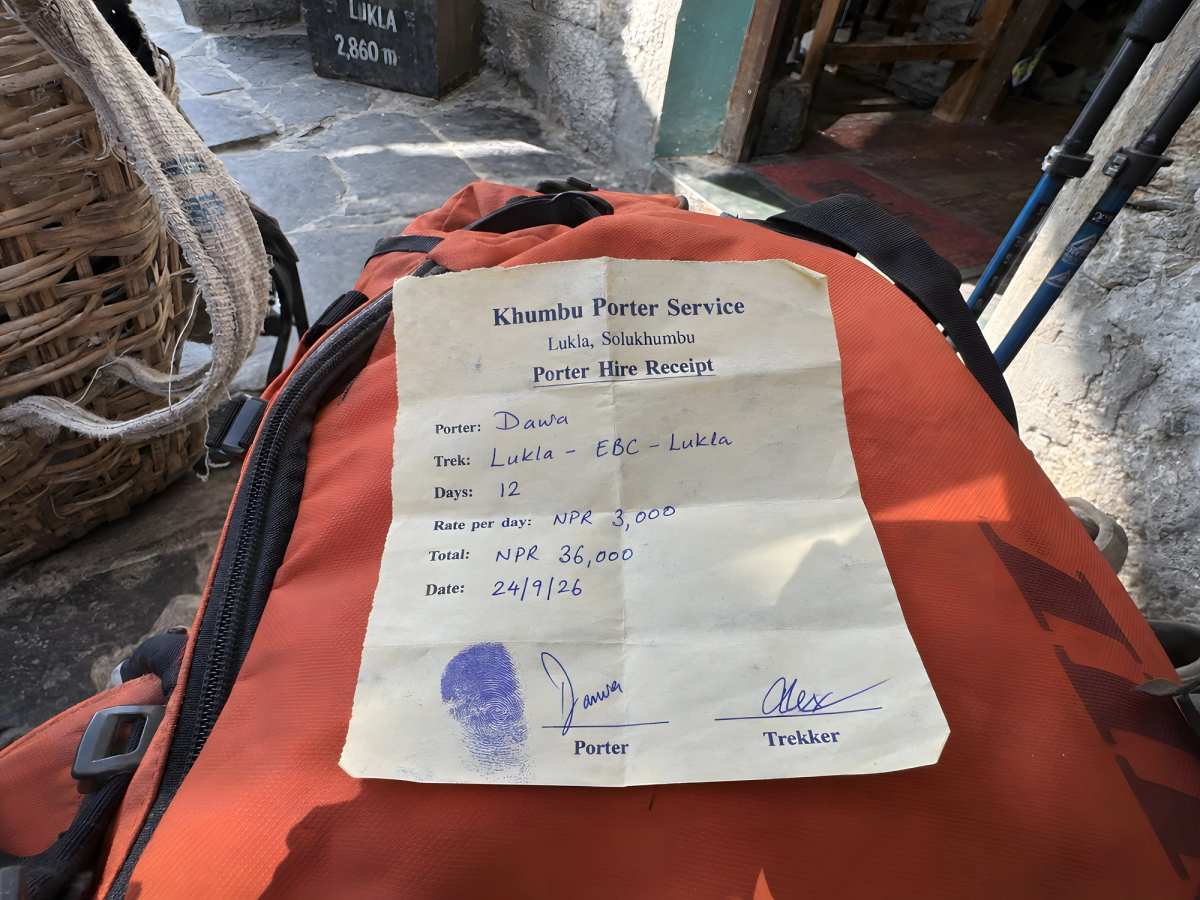 A handwritten porter hire slip from Lukla: NPR 3,000 a day for 12 days