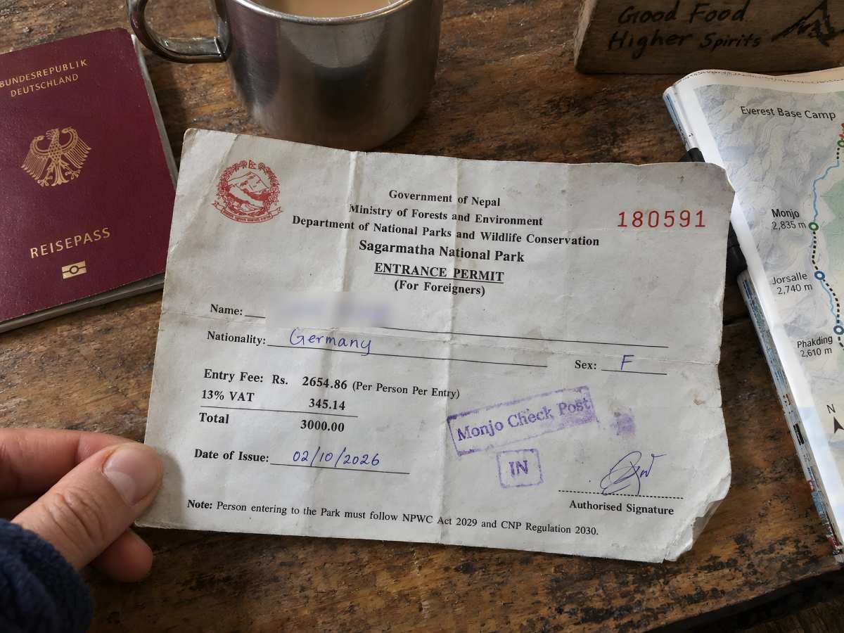 A Sagarmatha National Park entry receipt from the Monjo counter, NPR 3,000