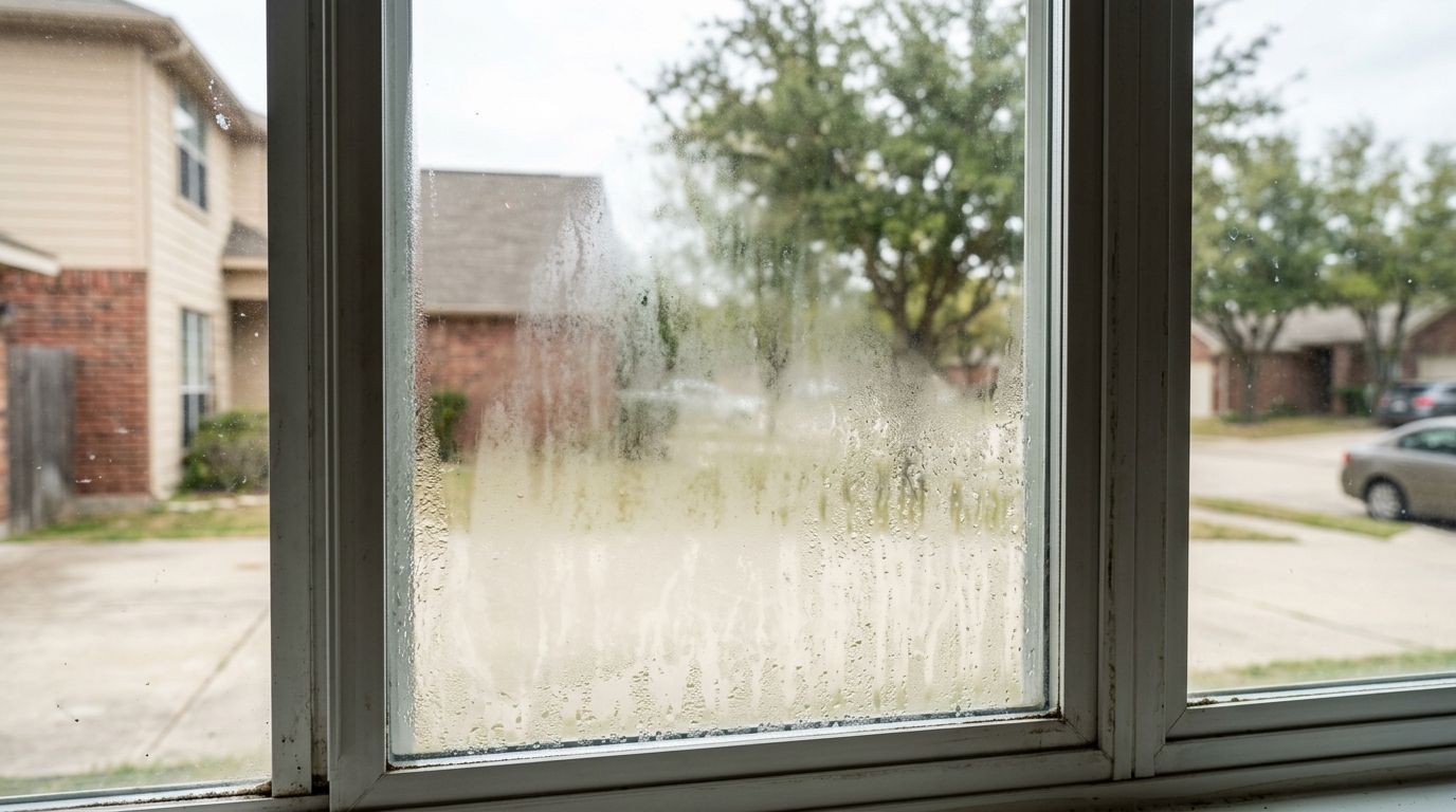 Close-up of a failed double-pane window seal showing fog and condensation trapped between the glass layers