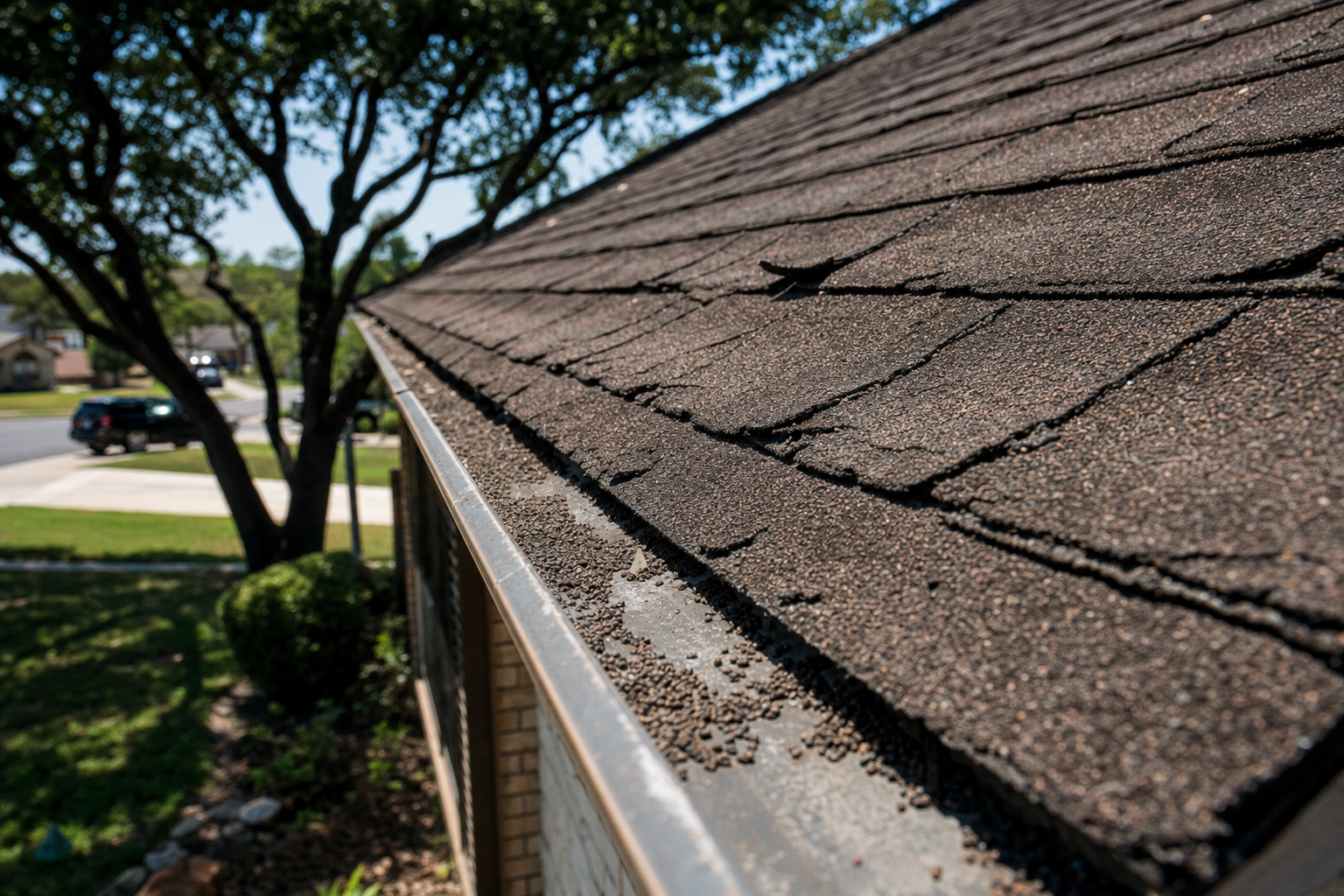Close-up of sun-damaged asphalt shingles with curled edges and granule loss on a Texas roof