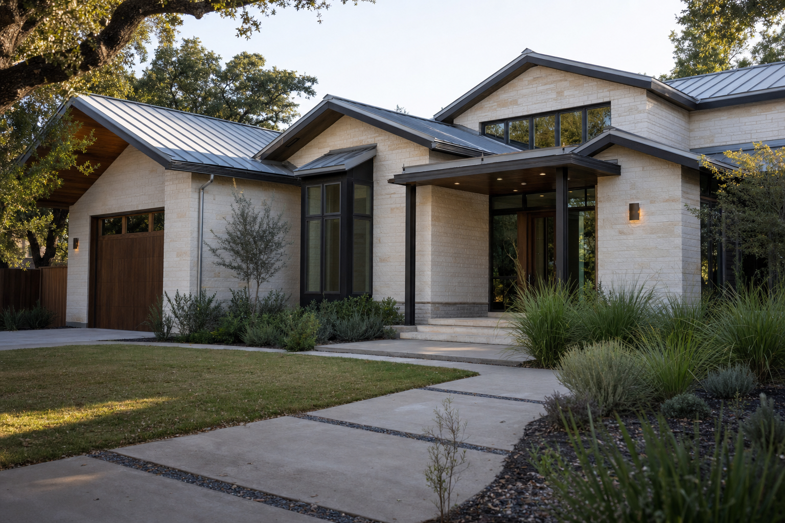 Modern home with standing seam metal roof in a sunny residential neighborhood