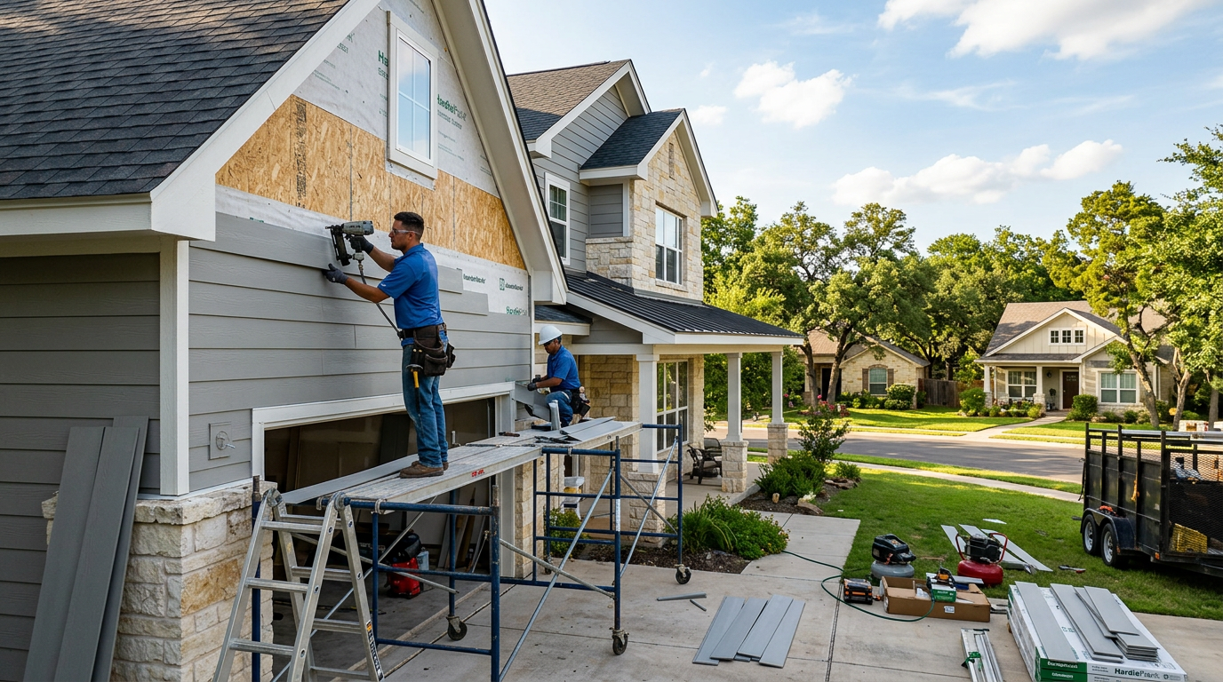 Professional contractor installing new fiber cement siding planks on a house