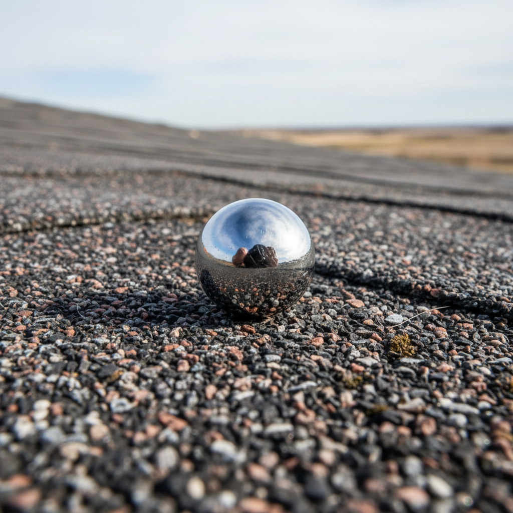 Close-up of a steel ball bearing resting on an impact-resistant shingle to represent impact testing