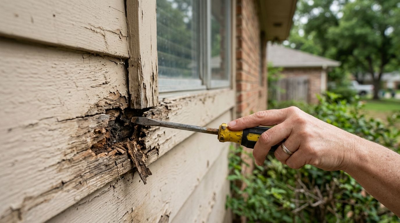 Homeowner using a screwdriver to test for soft, rotting wood siding on an exterior wall