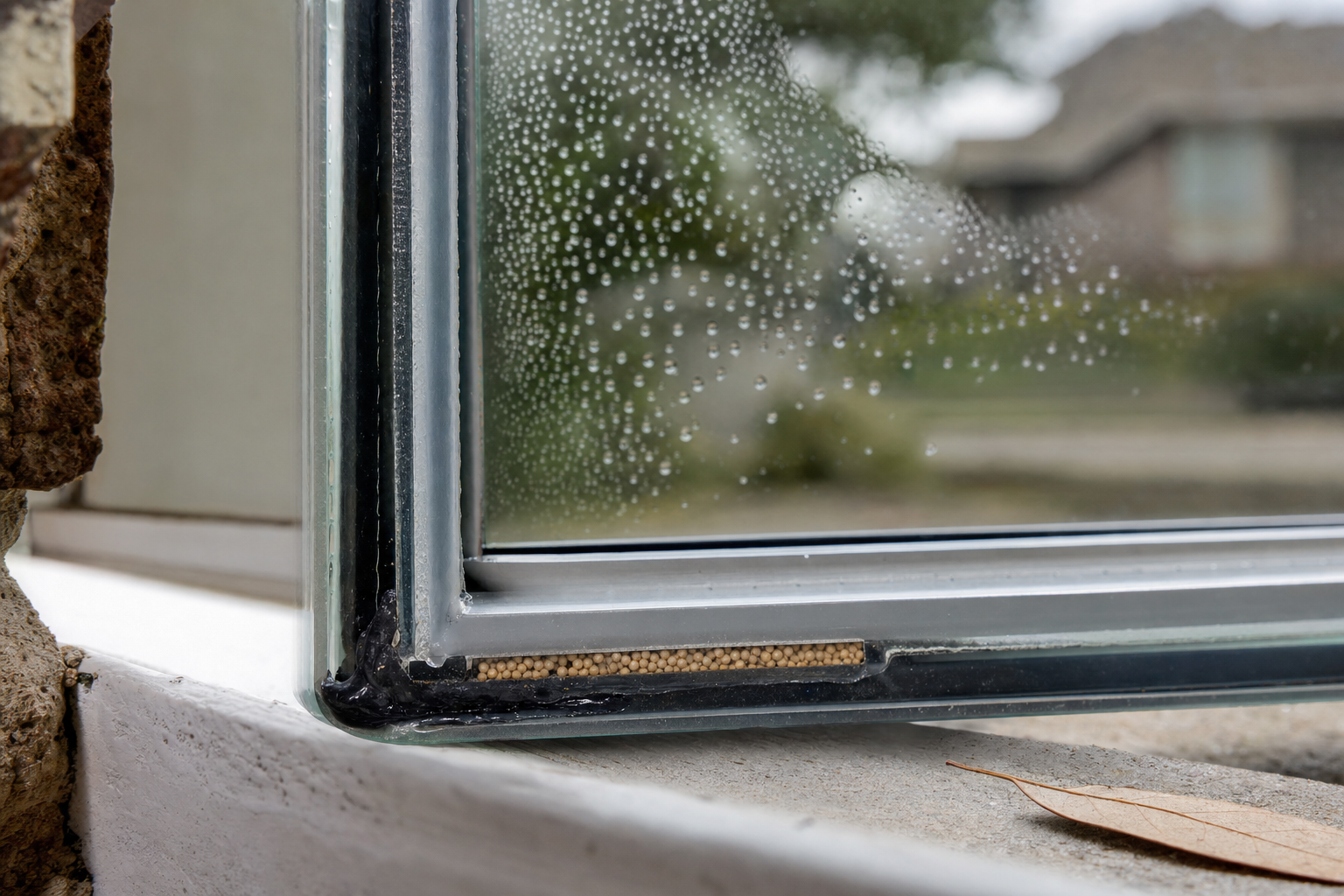 Close-up of double-pane insulated glass unit edge showing the warm-edge spacer bar and seal.