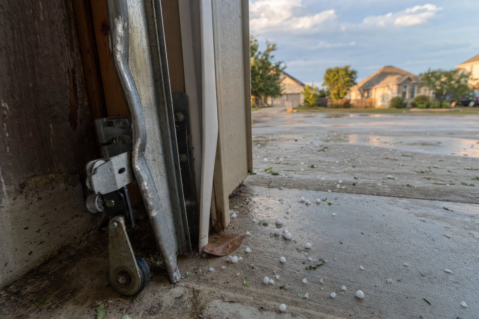 Bent garage door track and roller with hail debris after an Austin storm