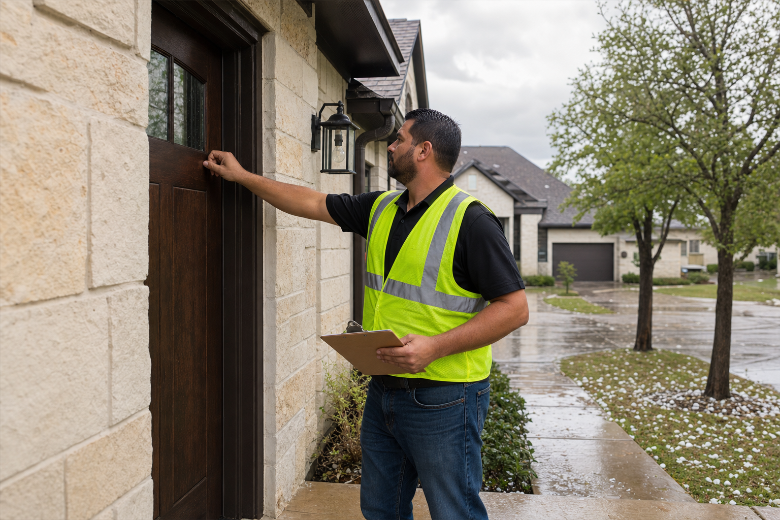 Contractor with clipboard knocking on a homeowner’s door in an Austin suburb after a hailstorm