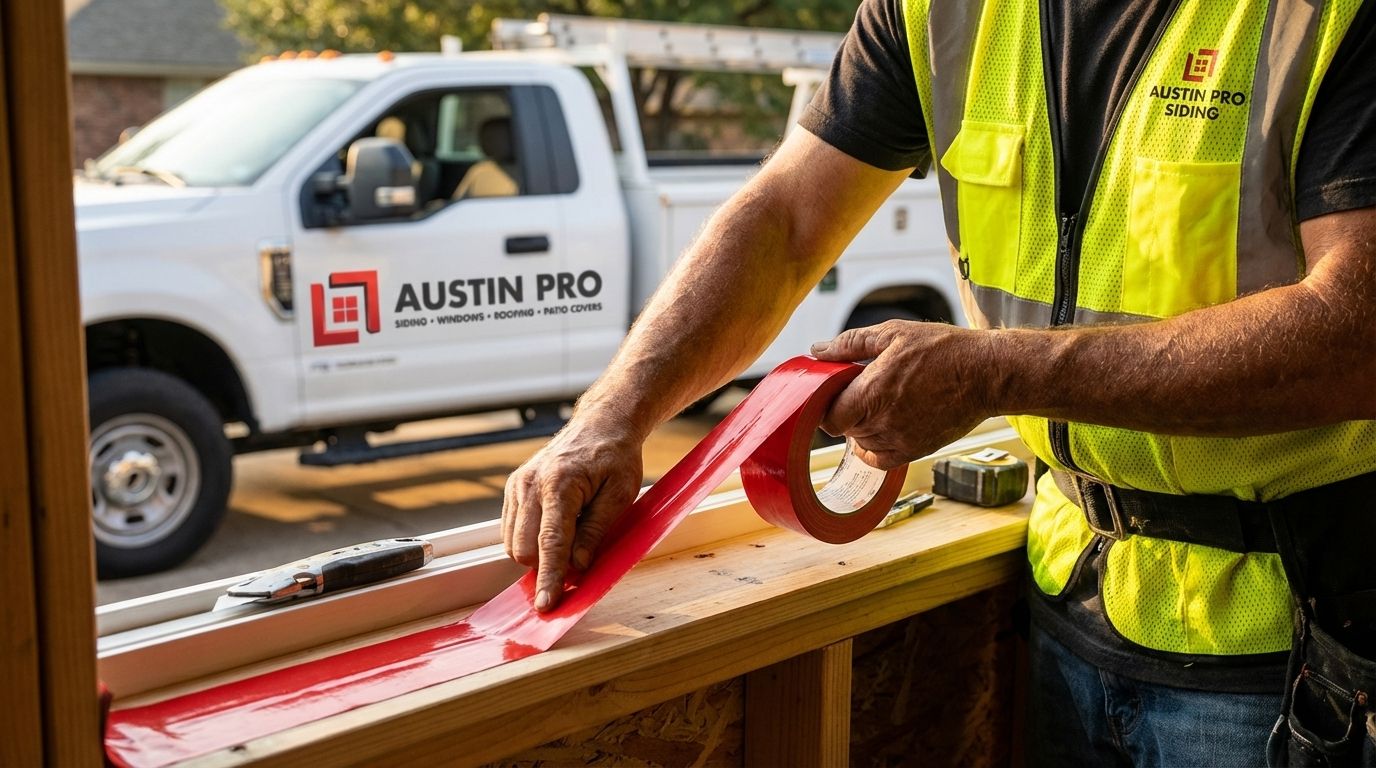 Professional window installer carefully applying waterproof flashing tape to a window sill pan to prevent leaks