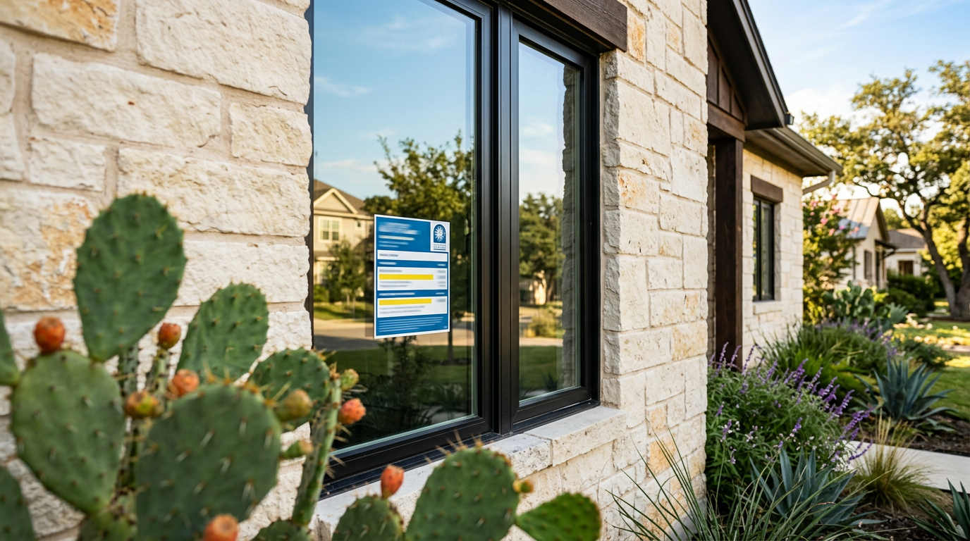 Close up detail of an energy efficiency sticker on a newly installed residential window