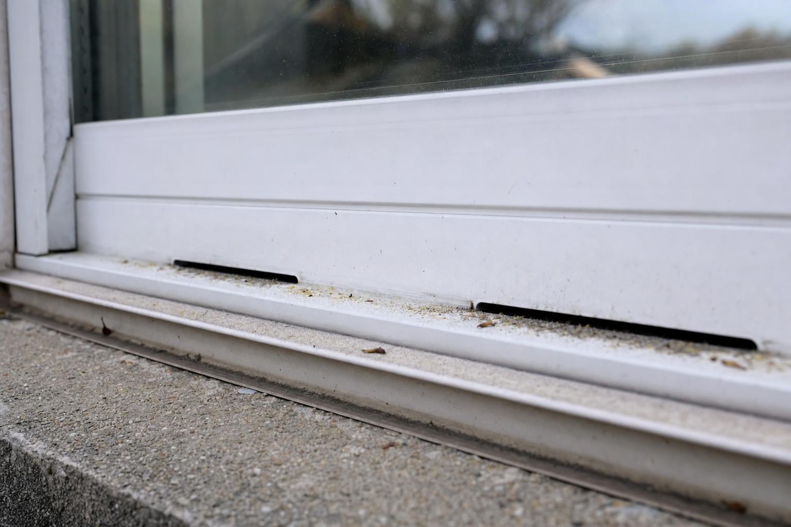 Close-up of vinyl window frame weep holes and drainage slots with debris buildup.