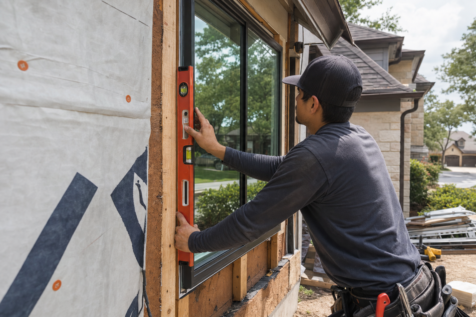 Contractor installing a window, checking the frame is level and square in a wall opening.
