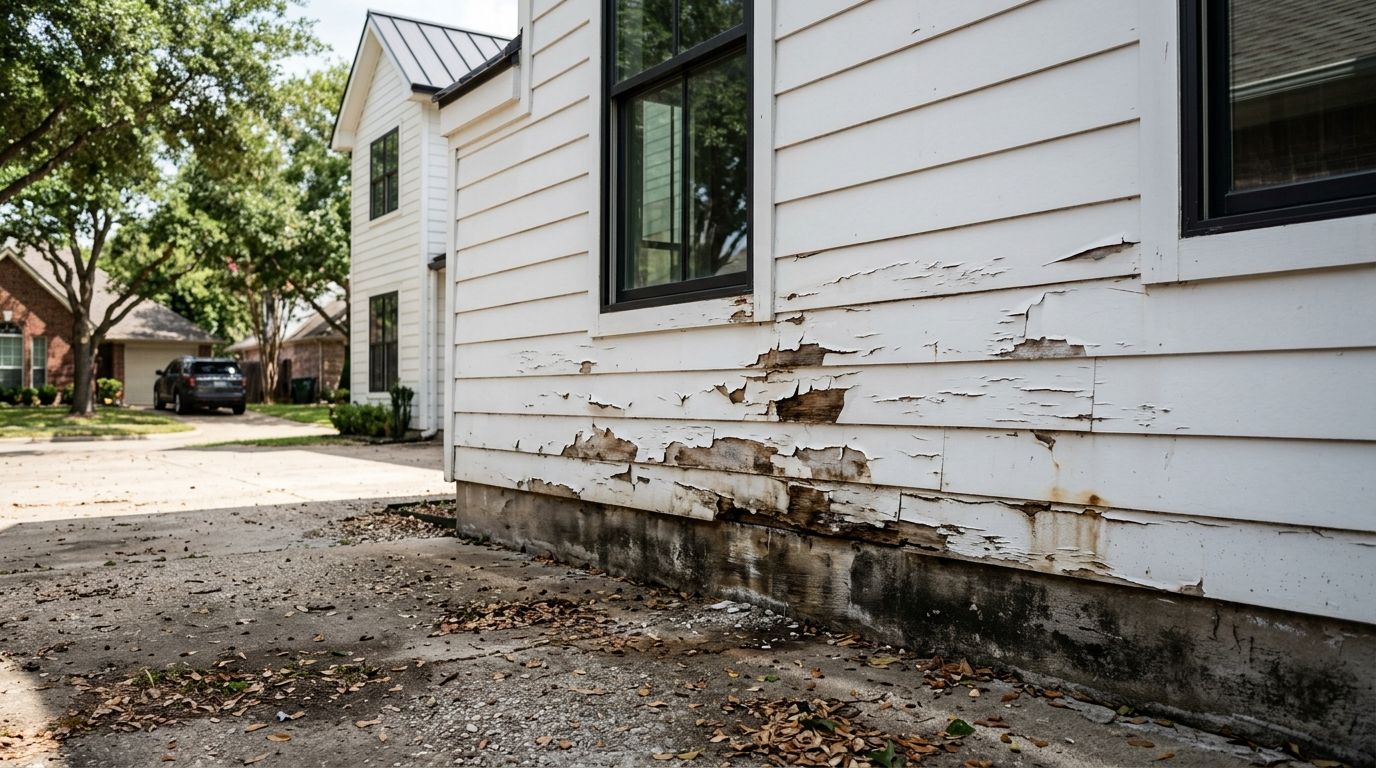 White painted brick home exterior showing severe peeling and bubbling paint damage near the foundation