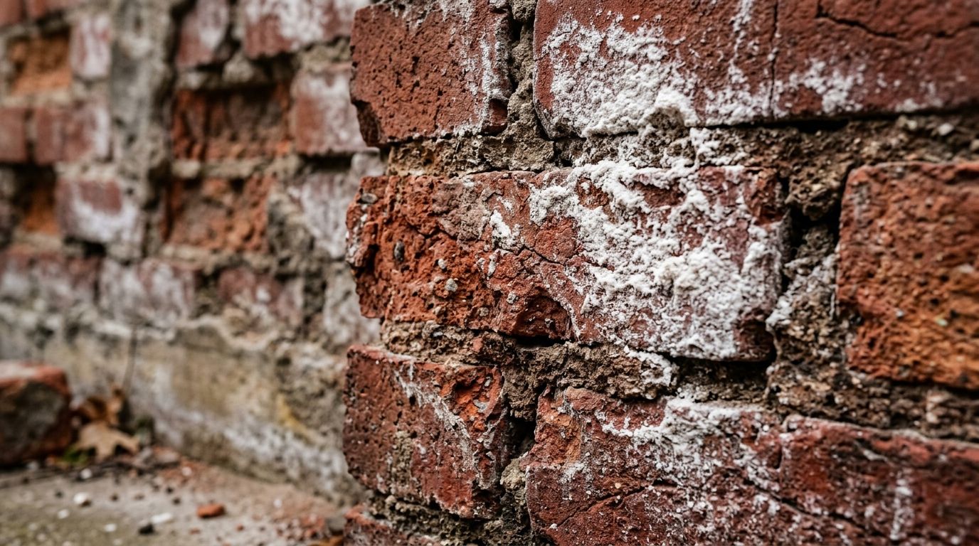 Close-up of red exterior brick suffering from spalling and white efflorescence moisture damage