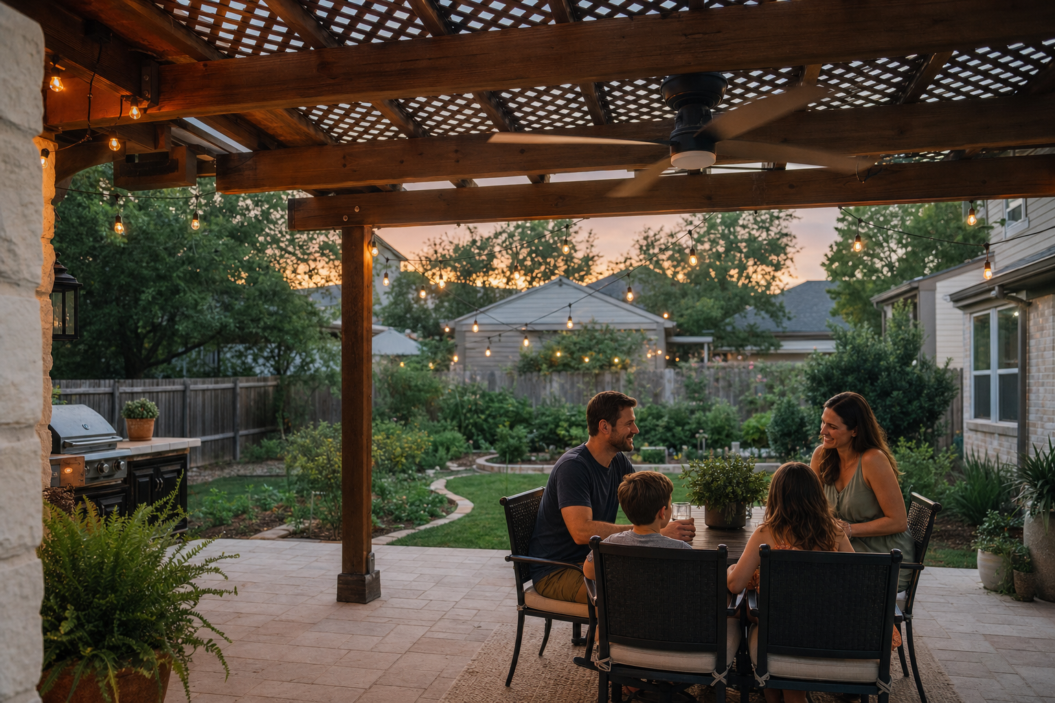 Family enjoying a cool evening under a ventilated patio cover with a ceiling fan in an Austin backyard