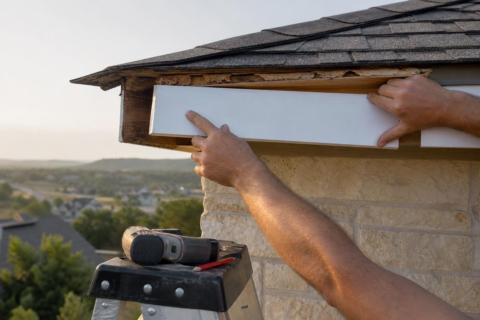 Hands fitting a new primed fascia board along a roof eave.